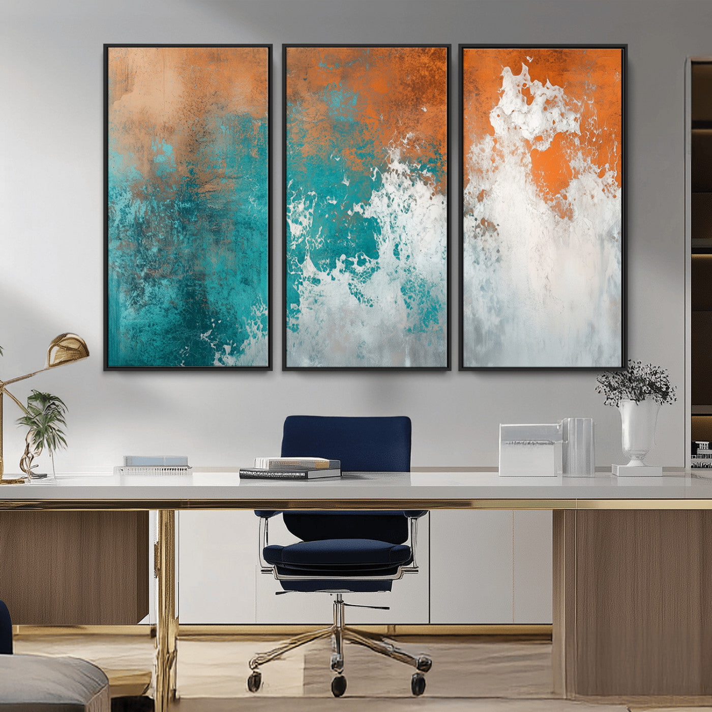 MGV-FC-48X32-3P - Vintage Abstract Print - Bold Teal and Orange Canvas Wall Art - Retro-Vintage Abstract Orange Canvas