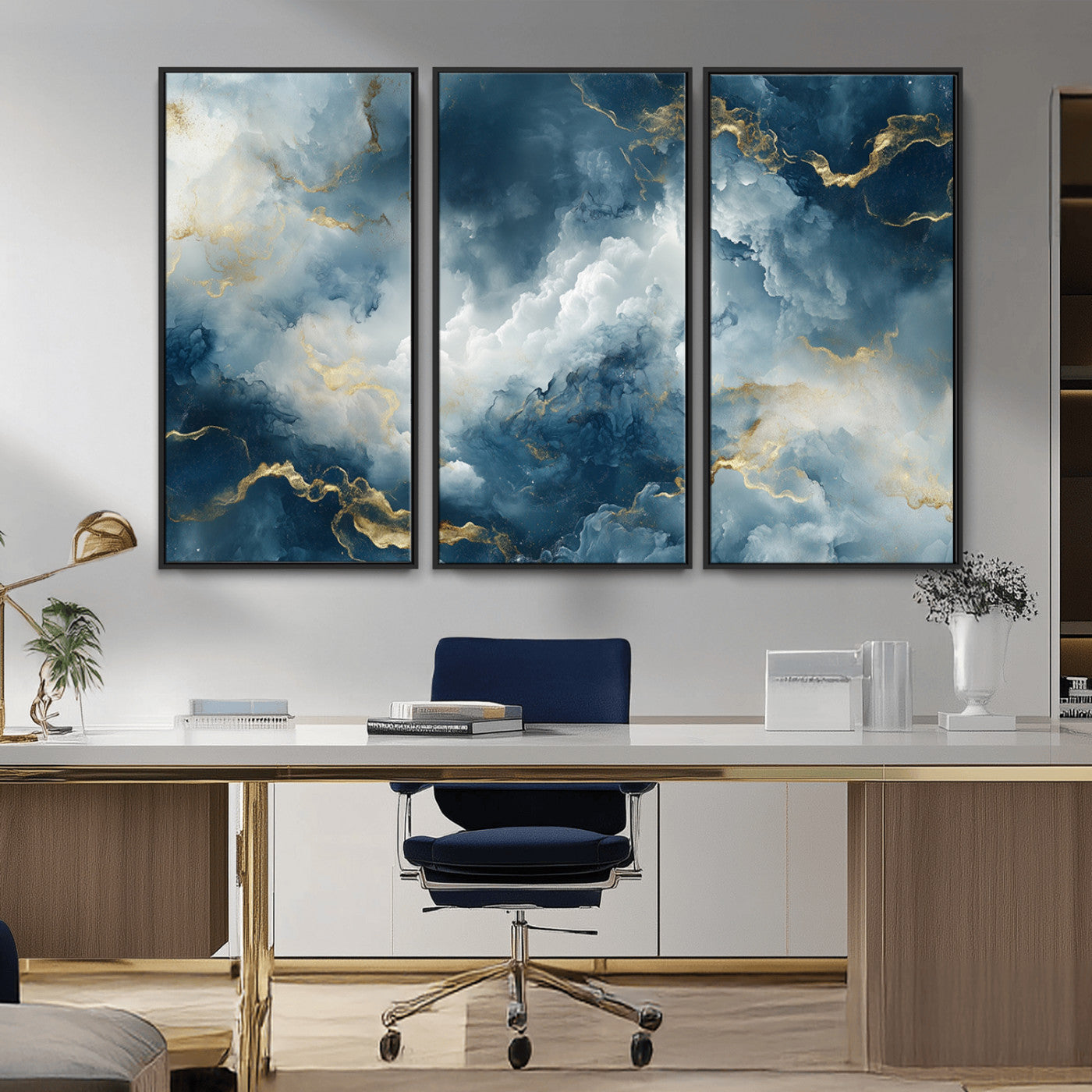 MGV-FC-48X32-3P - Large Abstract Print - Luxe Blue and Gold Abstract Canvas Wall Art - Bold Cloudscape Canvas for