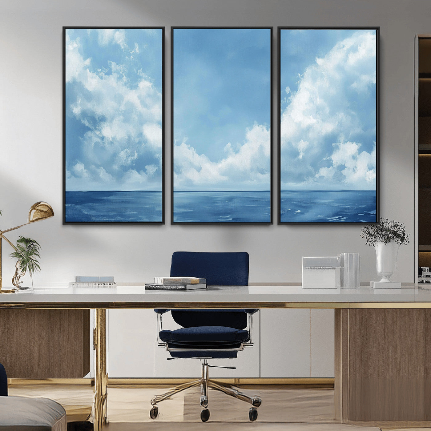 MGV-FC-48X32-3P - Abstract Ocean Print Artwork- Serene Blue Ocean Canvas Wall Art - Minimalist Ocean and Sky Canvas