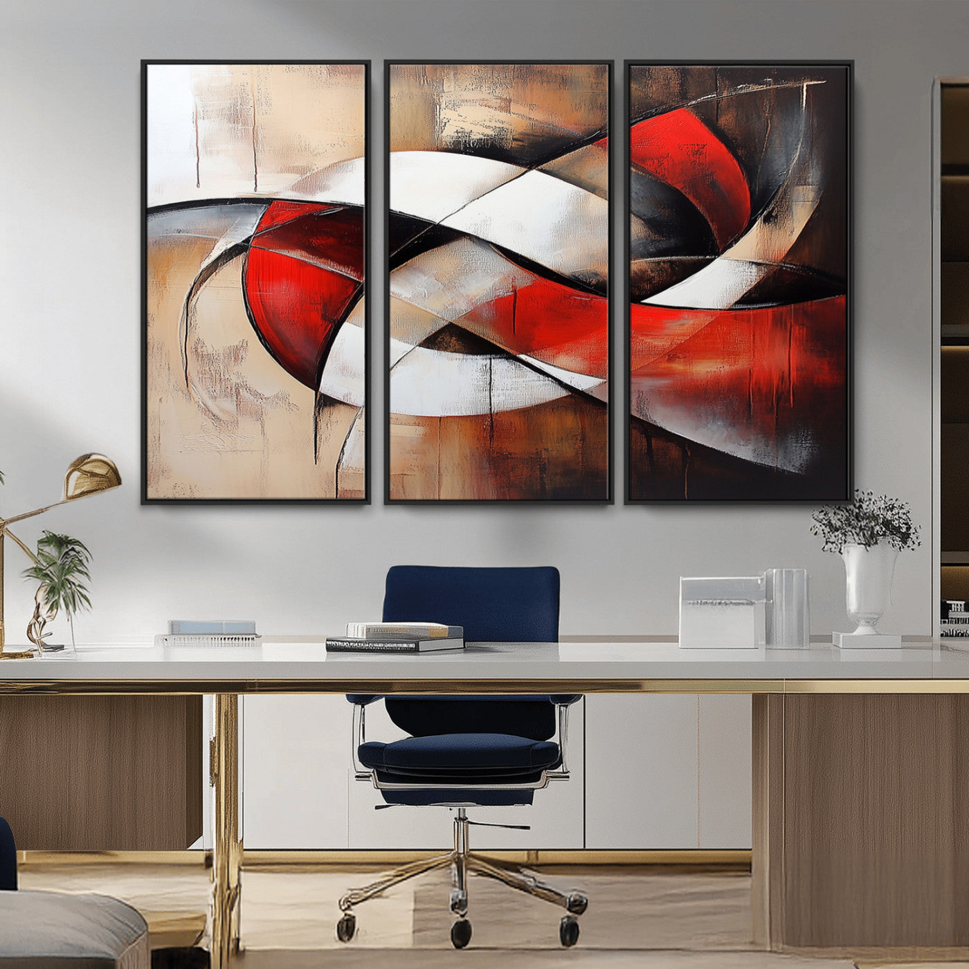 MGV-FC-48X32-3P - Abstract Wall Art - Modern Red and White Canvas Wall Art Print - Bold Geometric Abstract Canvas for