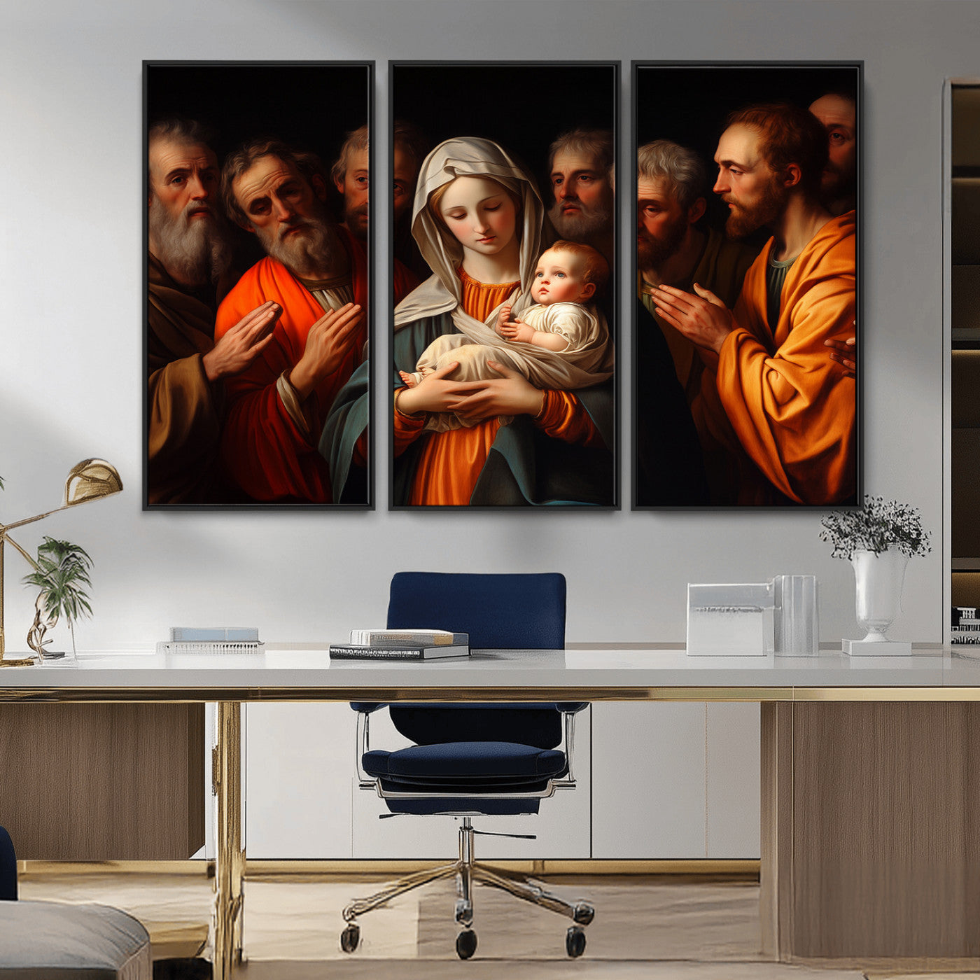 MGV-FC-48X32-3P - Religious Canvas Wall Art Print - Madonna and Child with Apostles Art Print - Classic Christian