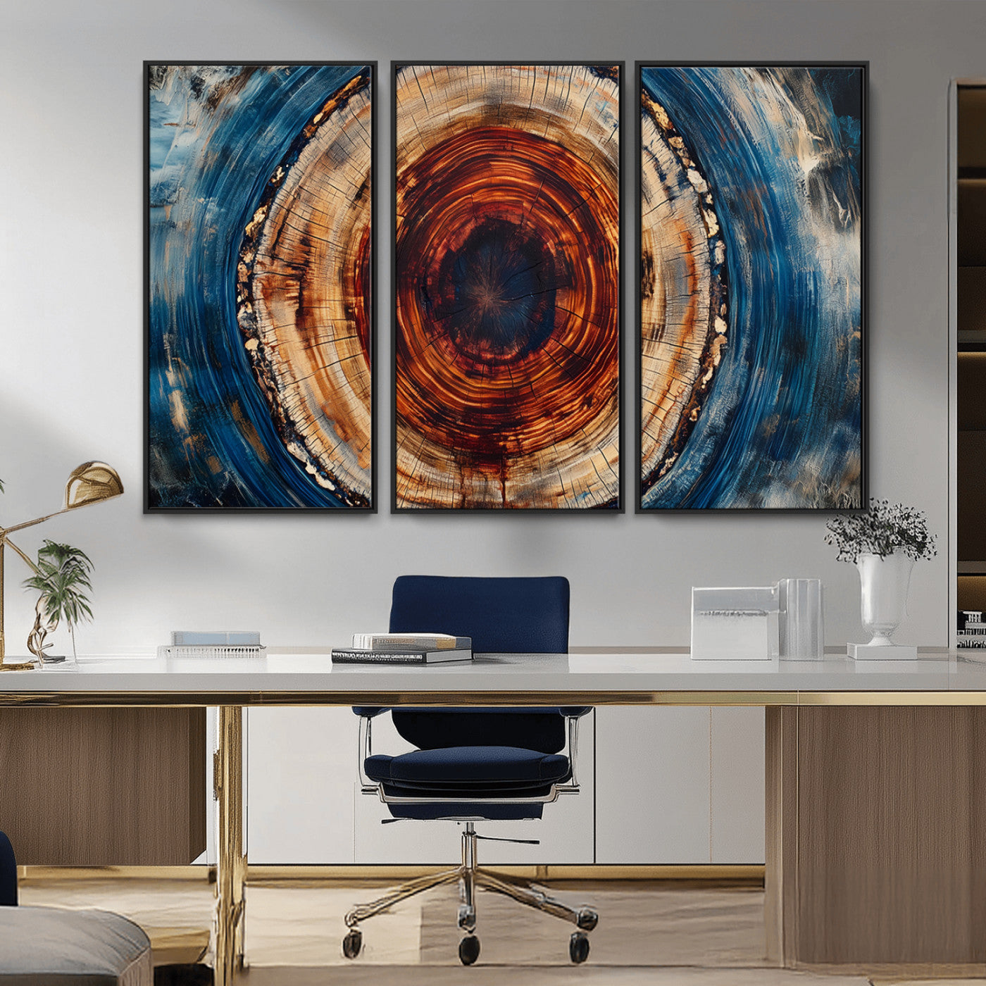 MGV-FC-48X32-3P - Abstract Framed Tree Rings Wall Decor, Wood Grain Rings Artwork Print, Nature Woodland Modern Wall