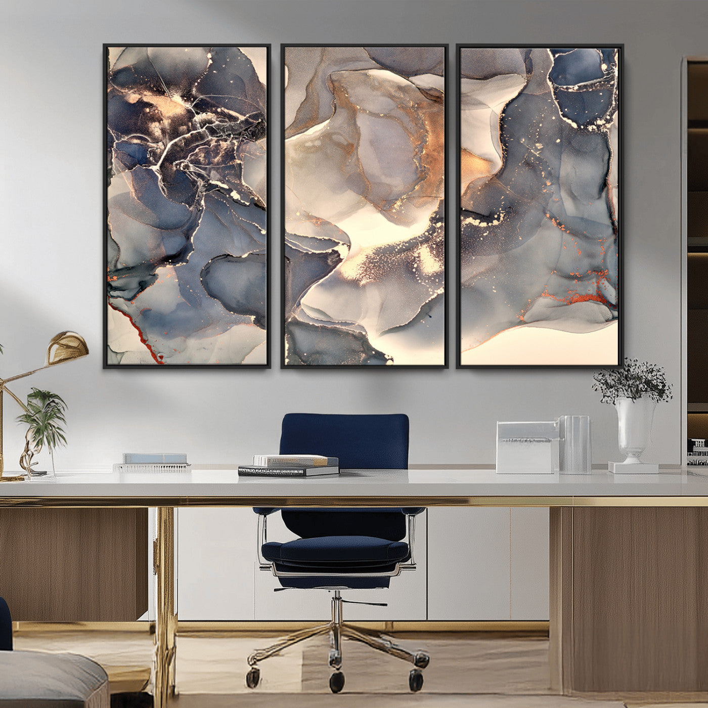 MGV-FC-48X32-3P - Abstract Blue and Gold Wall Art - Fluid Ink Artwork - Modern Luxury Wall Decor for Contemporary