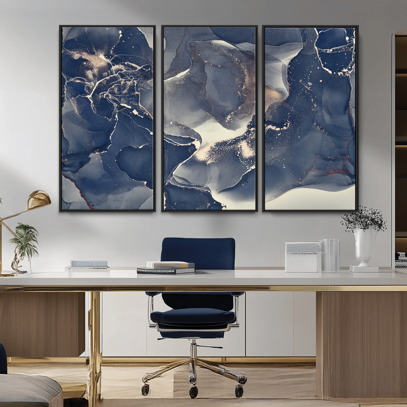 MGV-FC-48X32-3P - Large Abstract Blue and Gold Canvas Wall Art | Fluid Ink Artwork Print | Luxury Wall Decor for