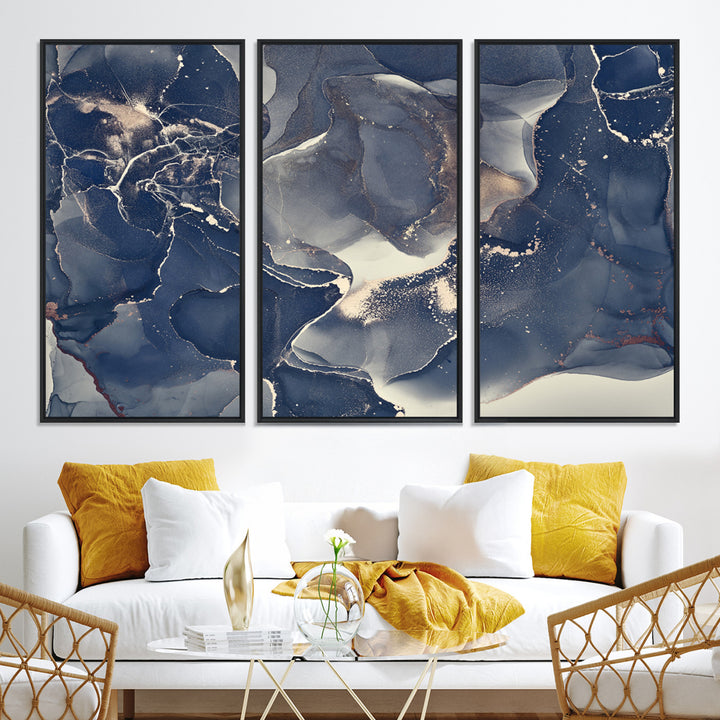 Large Abstract Blue and Gold Canvas Wall Art | Fluid Ink Artwork Print | Luxury Wall Decor for Contemporary Interiors | Framed Ready to Hang