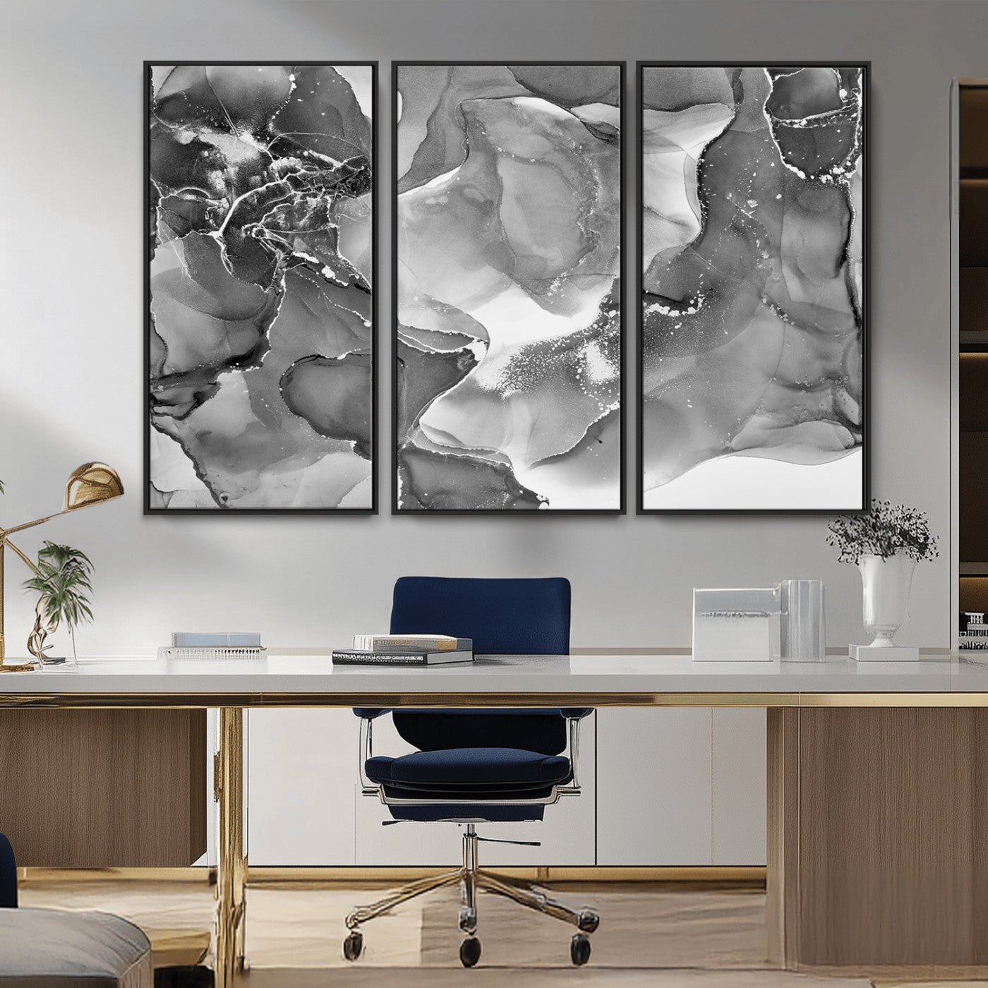 MGV-FC-48X32-3P - Black White Abstract Canvas Wall Art - Fluid Ink Artwork - Modern Luxury Wall Decor for Contemporary