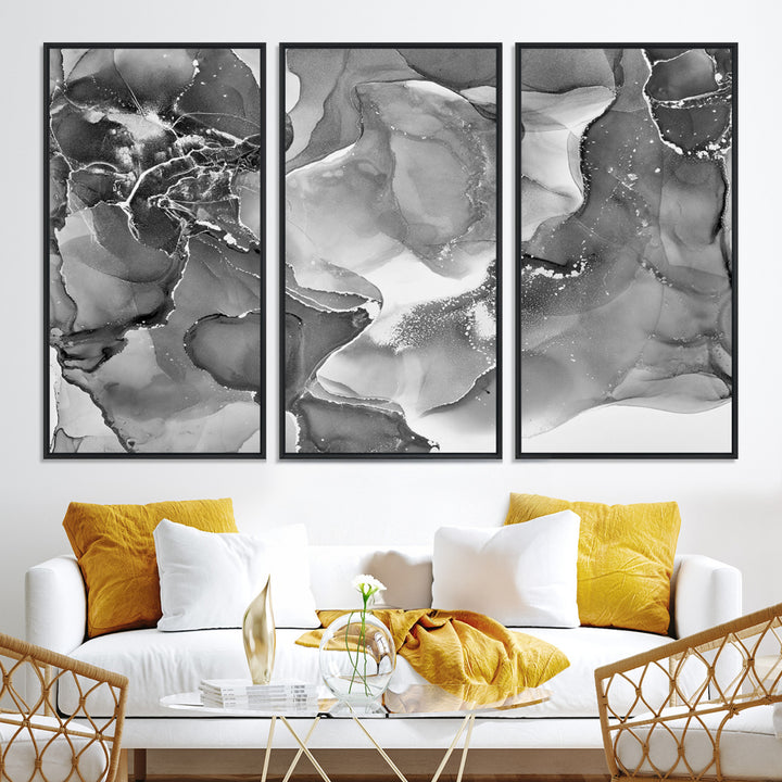 Black White Abstract Canvas Wall Art - Fluid Ink Artwork - Modern Luxury Wall Decor for Contemporary Interiors