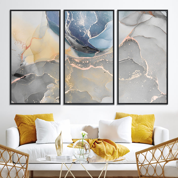 Large Abstract Blue and Gold Canvas Wall Art | Fluid Ink Artwork Print | Luxury Wall Decor for Contemporary Interiors | Framed Blue and Gold