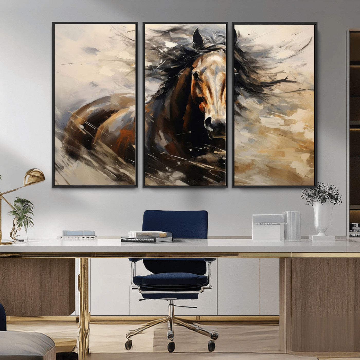 MGV-FC-48X32-3P - Abstract Wall Art Horse Print - Large Western Horse Canvas - Farmhouse Woodland Wall Art - Framed