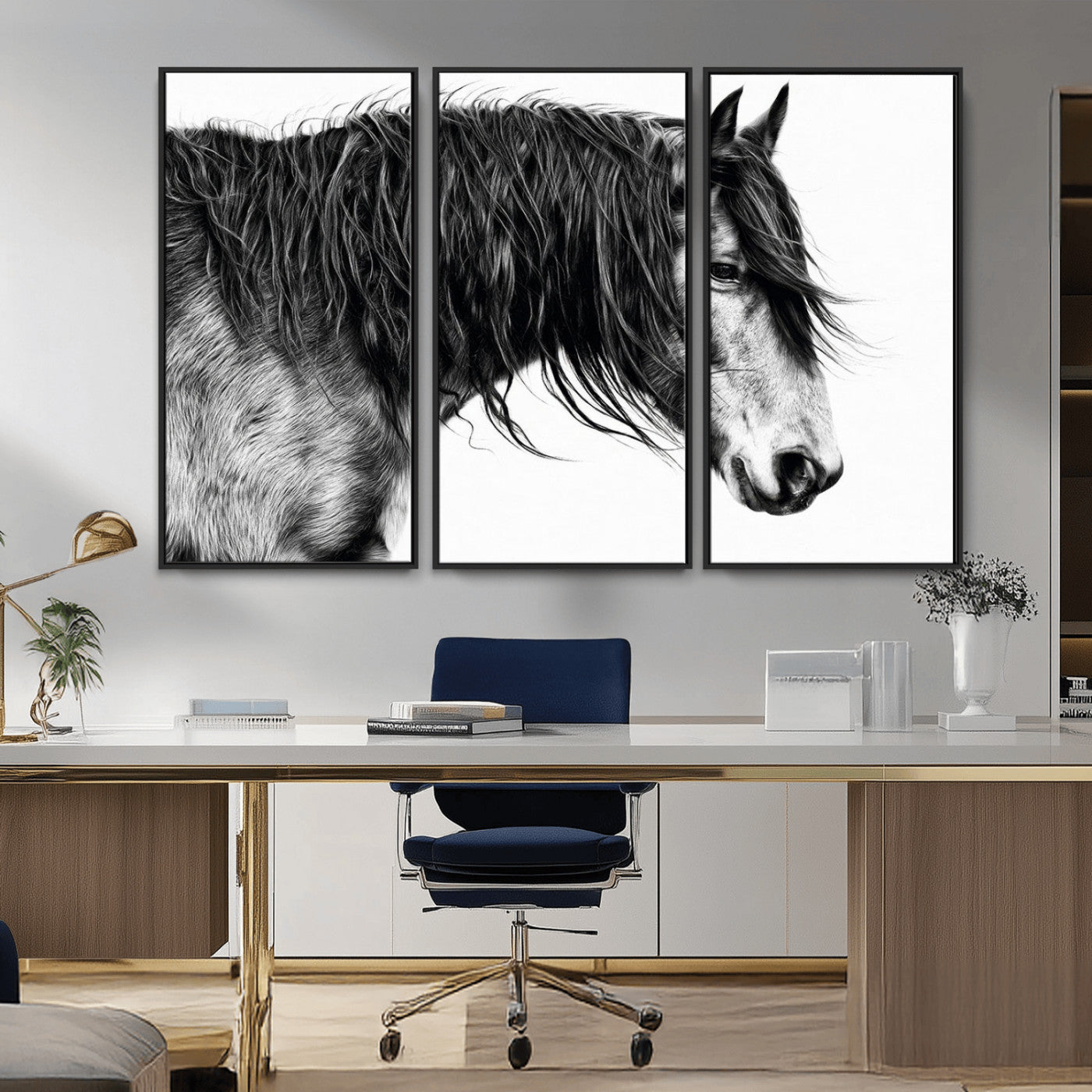 MGV-FC-48X32-3P - Black Horse Wall Art Canvas Print for Farmhouse Decor and Woodland Decoration