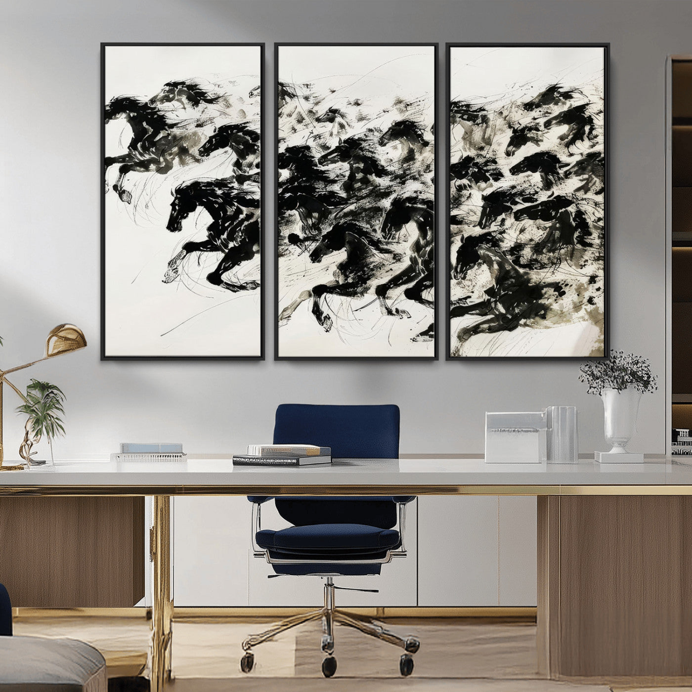 MGV-FC-48X32-3P - Abstract Horse Wall Art Canvas Print - Dynamic Black Ink Horse Print - Modern Equine Wall Decor for
