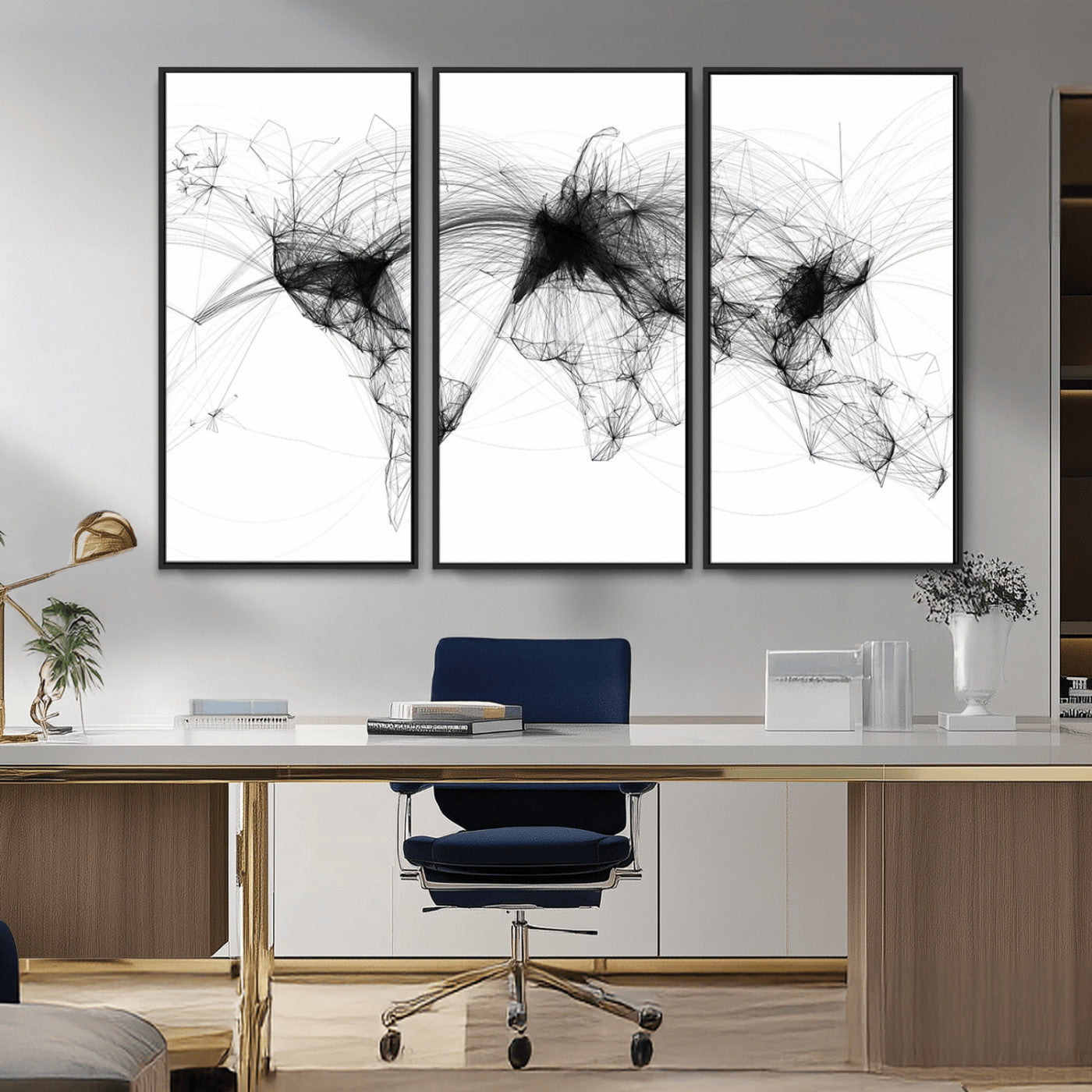 A minimalist abstract world map created from interconnected black lines representing global connectivity and communication networks.