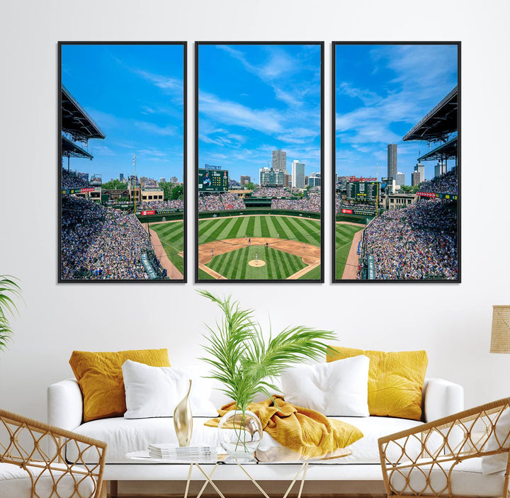 Panoramic view of Wrigley Field, ideal for the Wrigley Field Chicago Cubs Panoramic Canvas Wall Art - Ready to Hang.