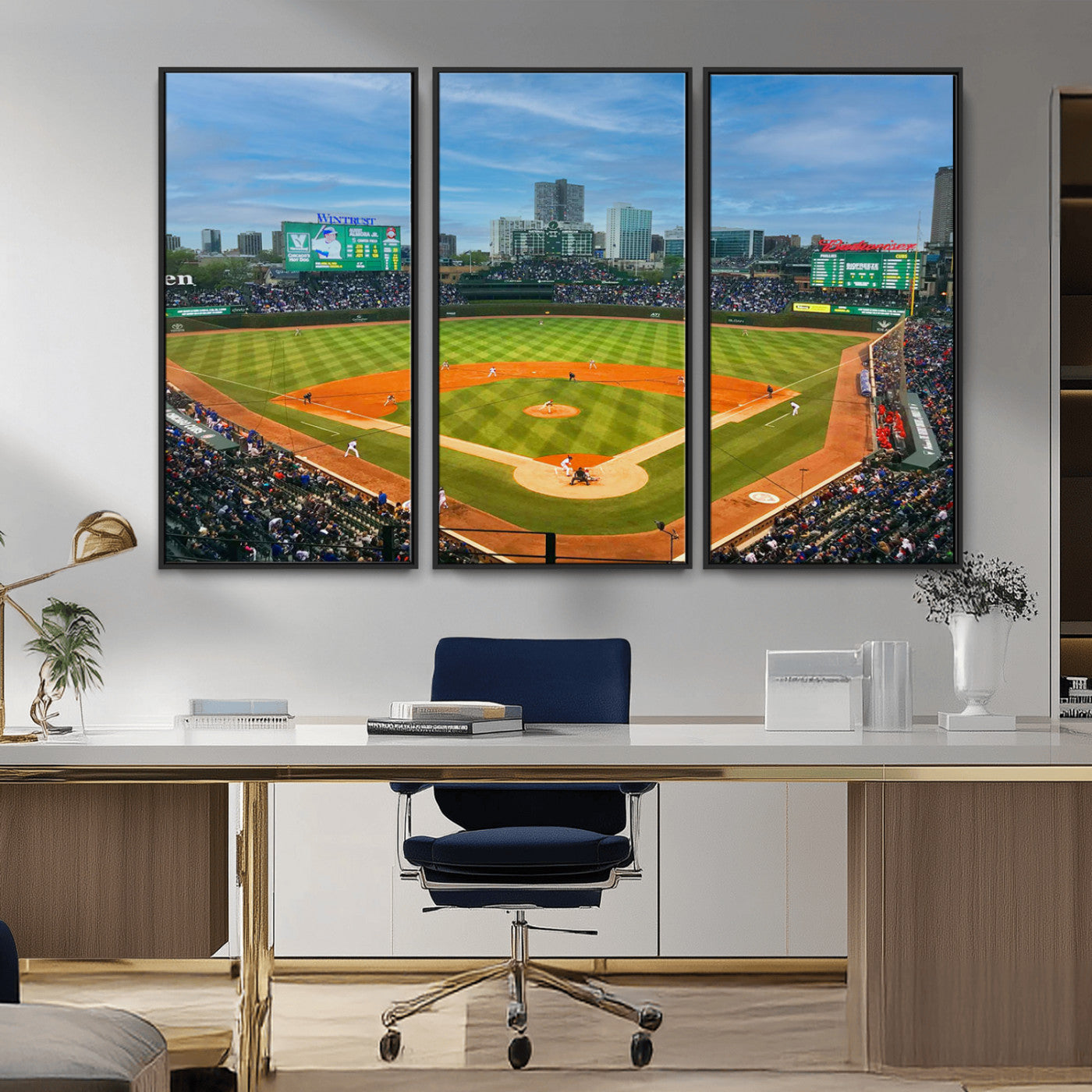 MGV-FC-48X32-3P - Wrigley Field Chicago Cubs Panoramic Multi Piece Canvas Wall Art - Iconic Baseball Stadium Print for