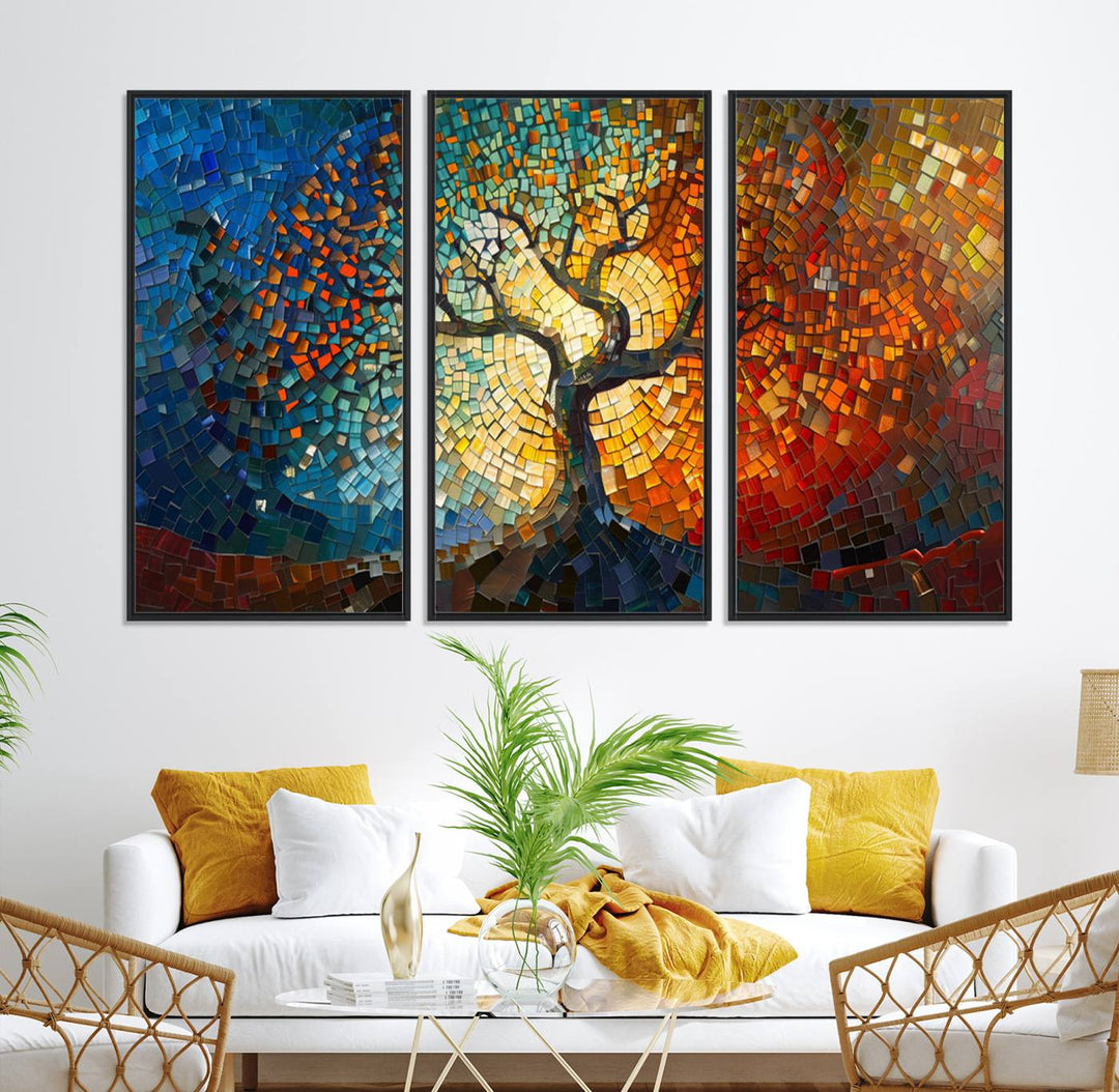 Mosaic Tree Canvas Wall Art: A stunning stained glass-inspired Tree of Life featuring blue and orange swirling patterns reminiscent of a sunburst.