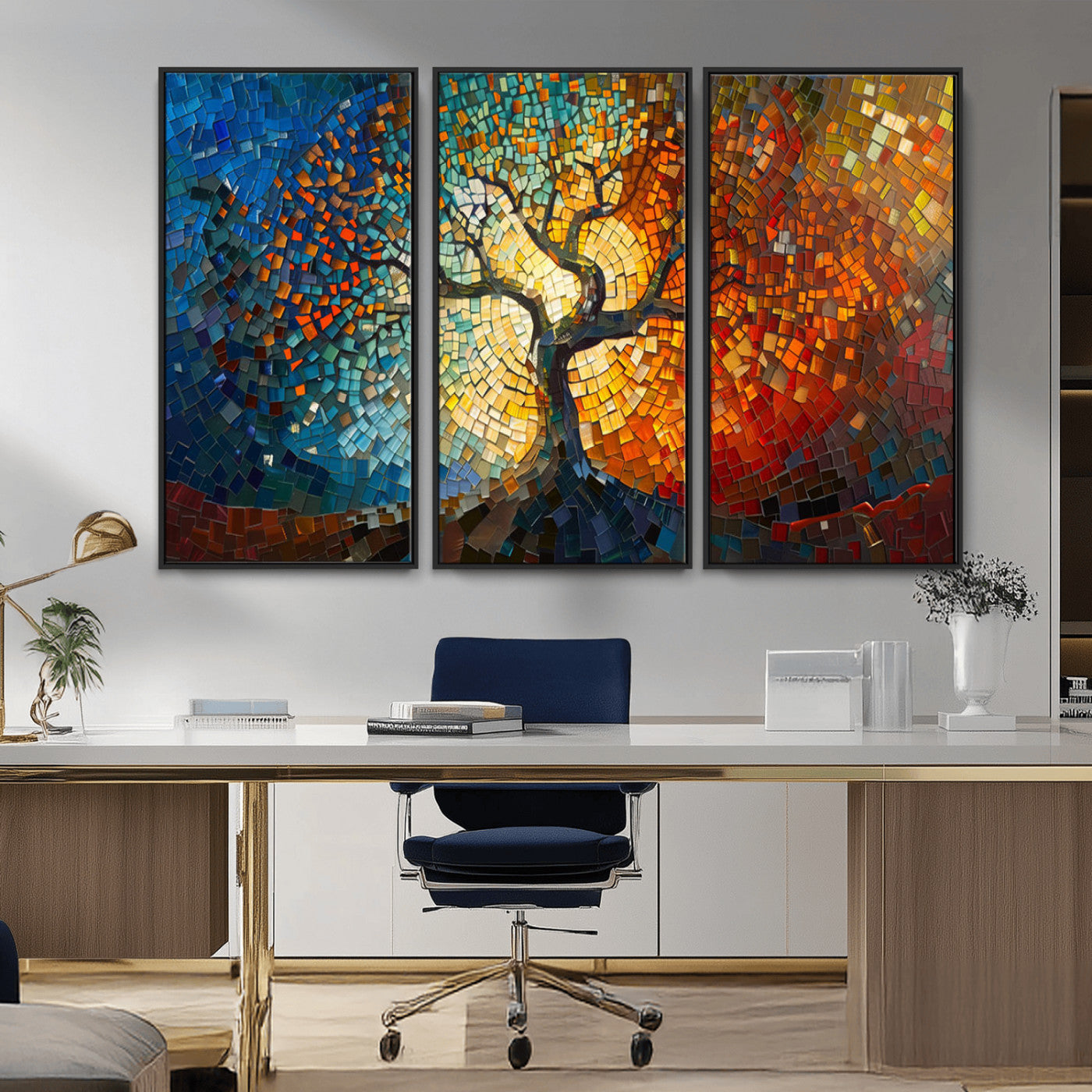 MGV-FC-48X32-3P - Mosaic Tree Canvas Wall Art Canvas Print – Vibrant Stained Glass-Inspired Tree of Life - Ready to