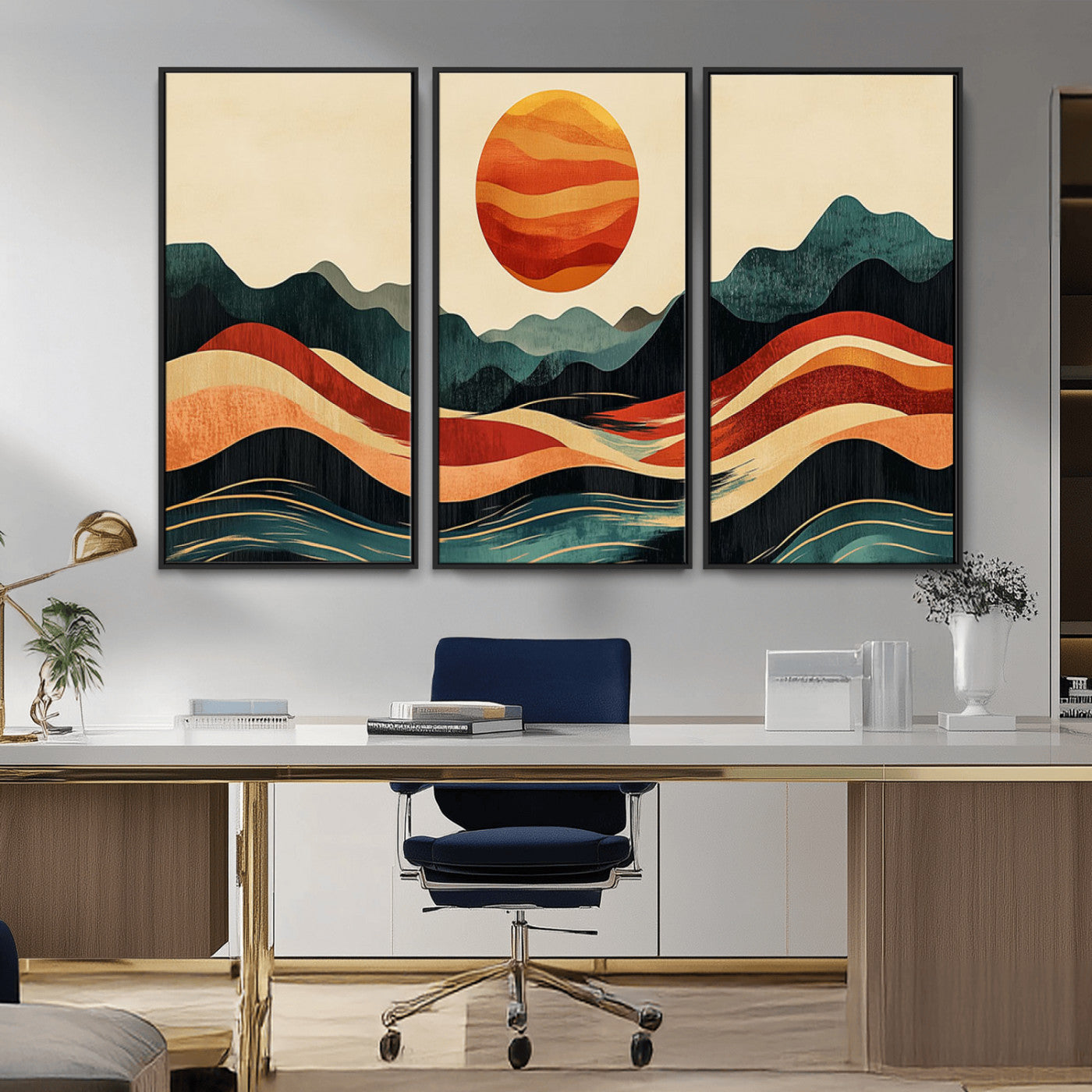 MGV-FC-48X32-3P - Mountain Triptych Wall Art - Western Nature Prints - Framed Boho Pine Tree Canvas for Log Cabin or
