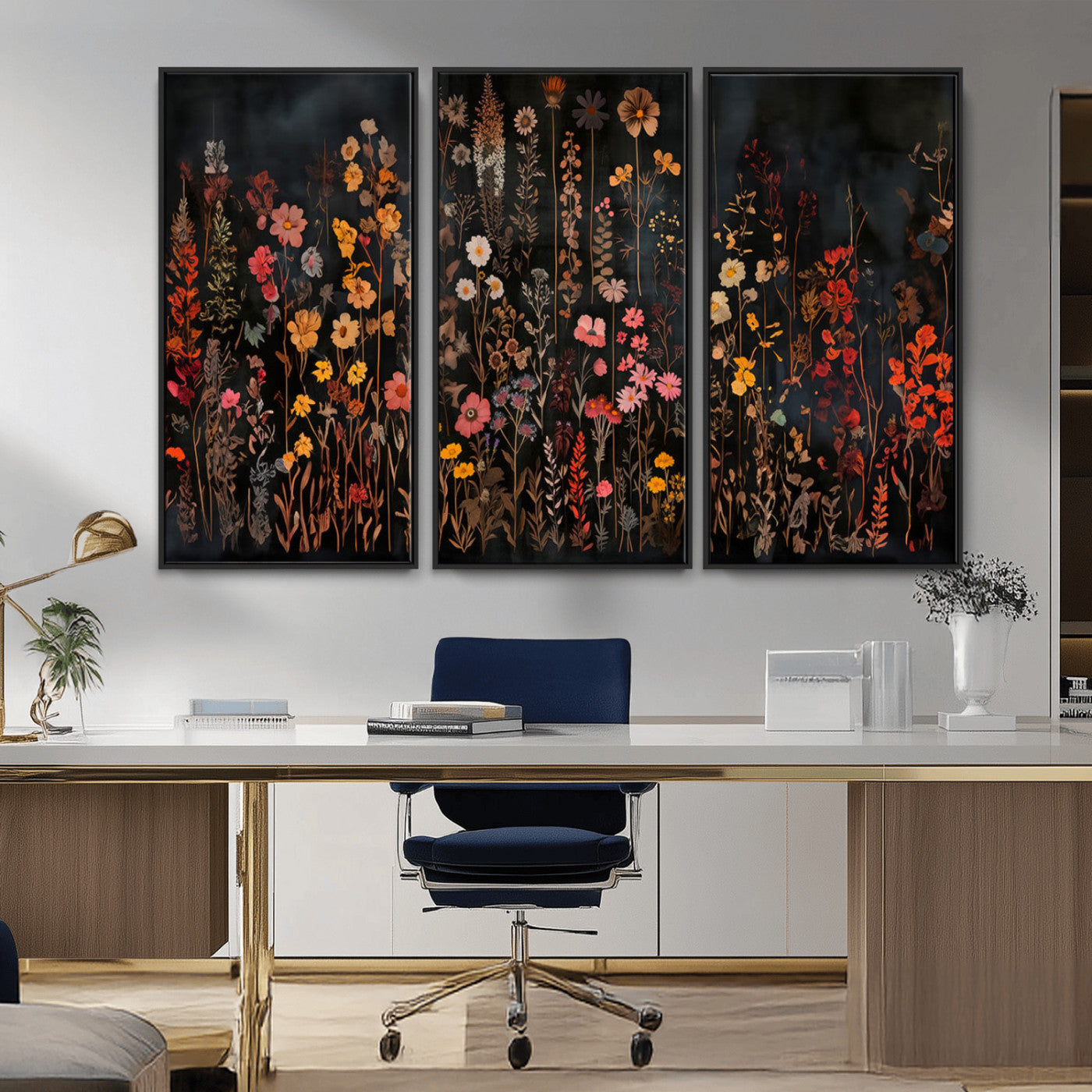 MGV-FC-48X32-3P - Dark Floral Canvas Wall Art - Moody Botanical Flower Print - Rustic Floral Wall Decor for Home -