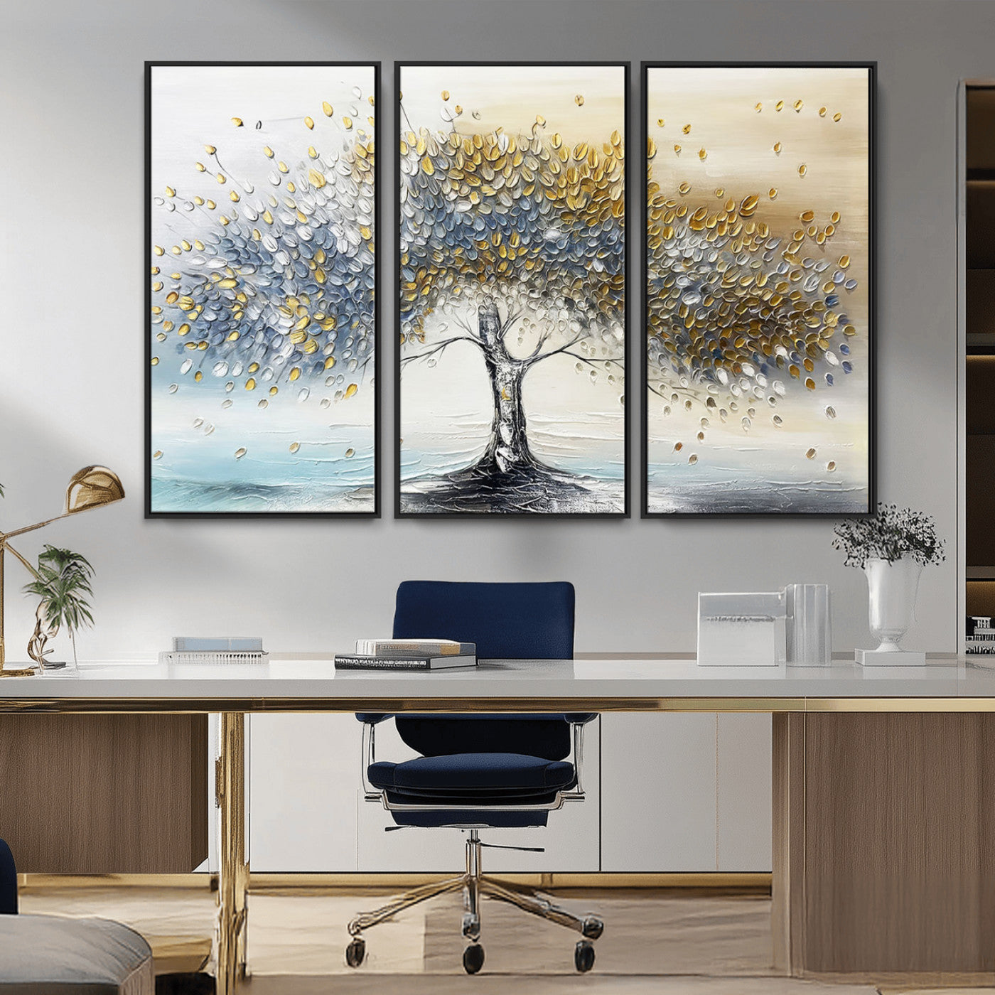 An elegant impasto painting featuring a tree with shimmering silver and gold leaves, blending soft pastels to create a calm and sophisticated atmosphere.