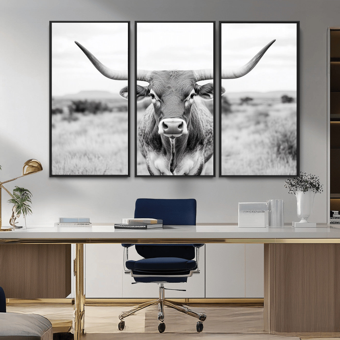 MGV-FC-48X32-3P - Highland Cow Wall Art Print - Black and White Texas Western Longhorn Canvas - Farmhouse Decor Print