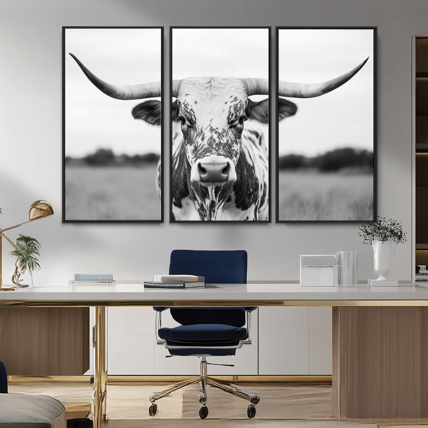 MGV-FC-48X32-3P - Highland Cow Wall Art - Black and White Western Longhorn Canvas Print - Farmhouse Living Room Decor