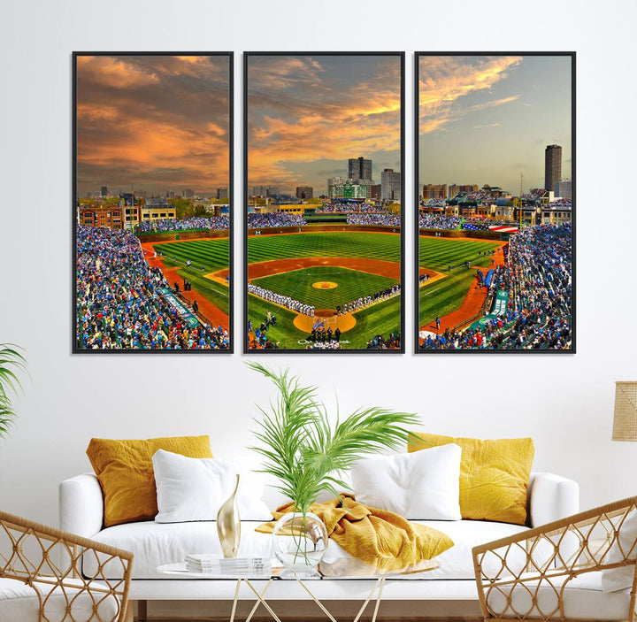 Aerial view of Wrigley Field at sunset against a vibrant sky, creating the perfect Chicago Wrigley Field Canvas Wall Art.