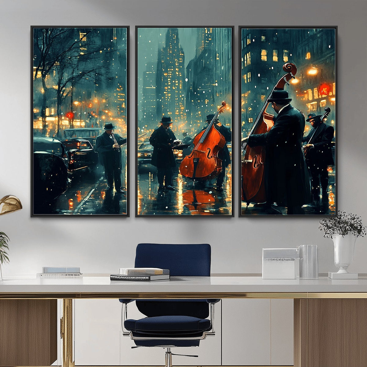 53391-MGV-CV-24X16 - Urban Night Jazz Wall Art Canvas Print | Moody Rain Soaked City Street Band Scene