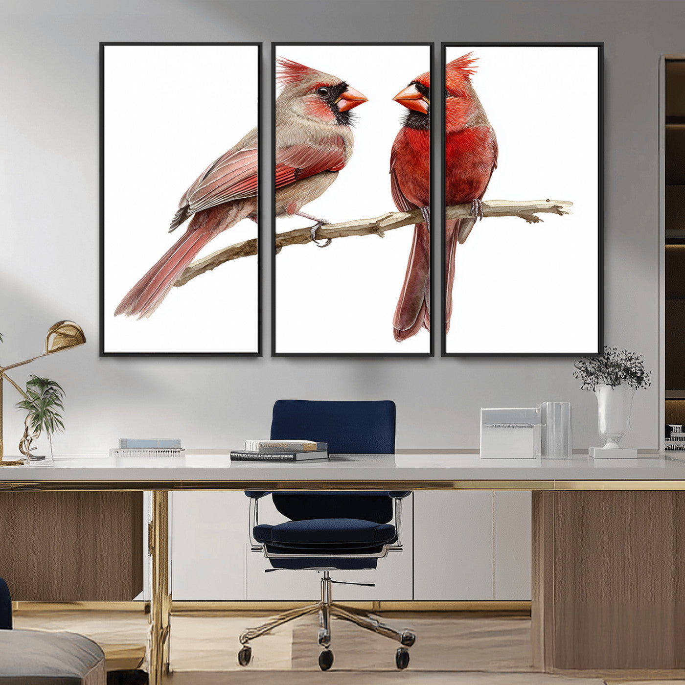 MGV-FC-48X32-3P - Cardinal Bird Canvas Wall Art - Male and Female Cardinal Print - Abstract Bird Wall Decor for Home -