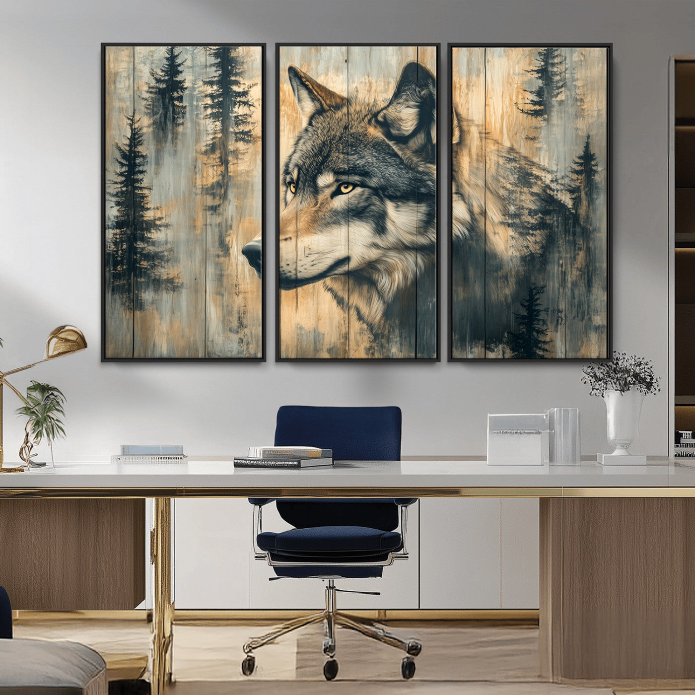 MGV-FC-48X32-3P - Wood Style Rustic Wolf Wall Art Canvas Print, Vintage Woodland Wolf Wall Art, Framed Wood Style Wolf