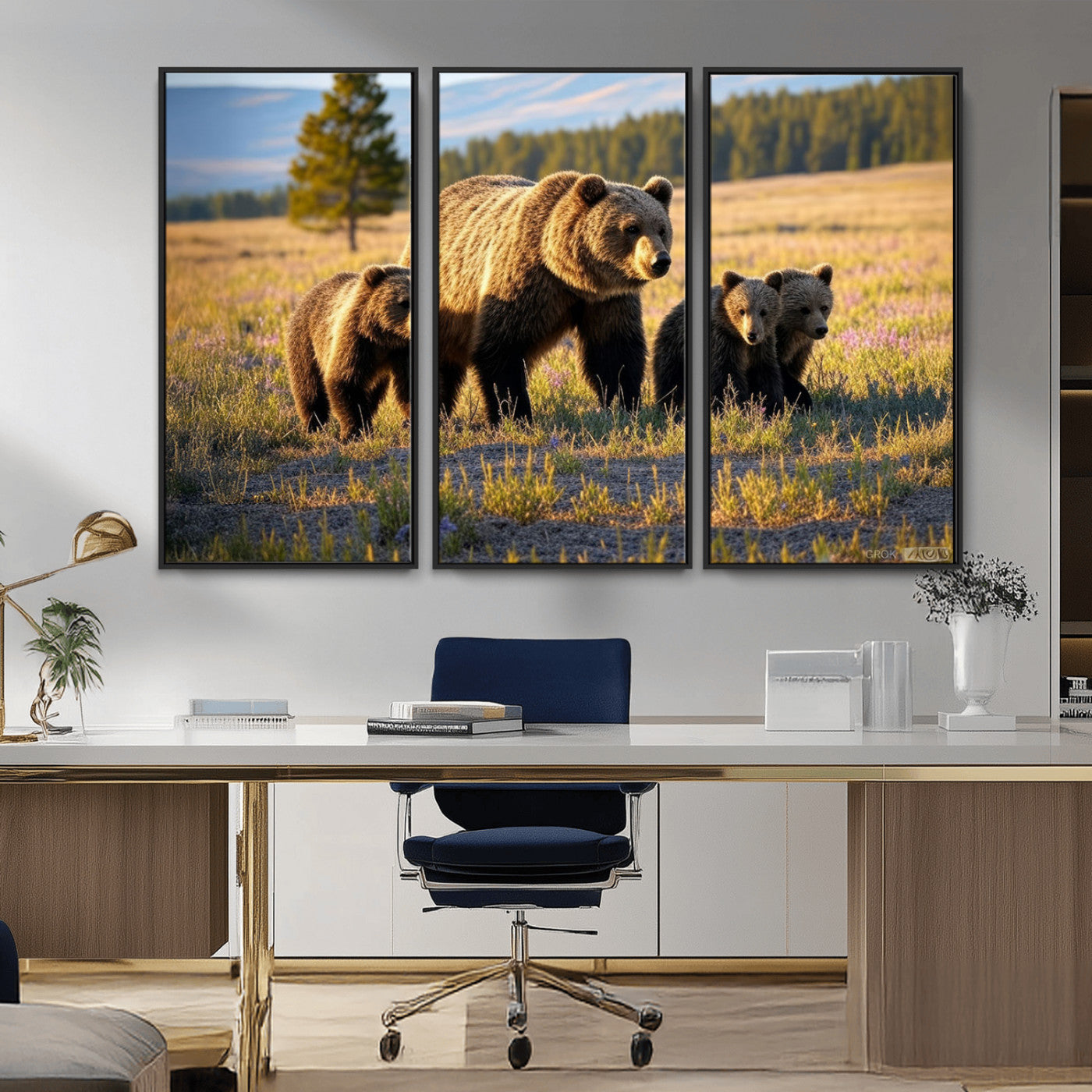MGV-FC-48X32-3P - Grizzly 399 in Wild Flowers Wall Art Canvas Print, Grizzly Bears Wall Art, Queen of Grand Teton