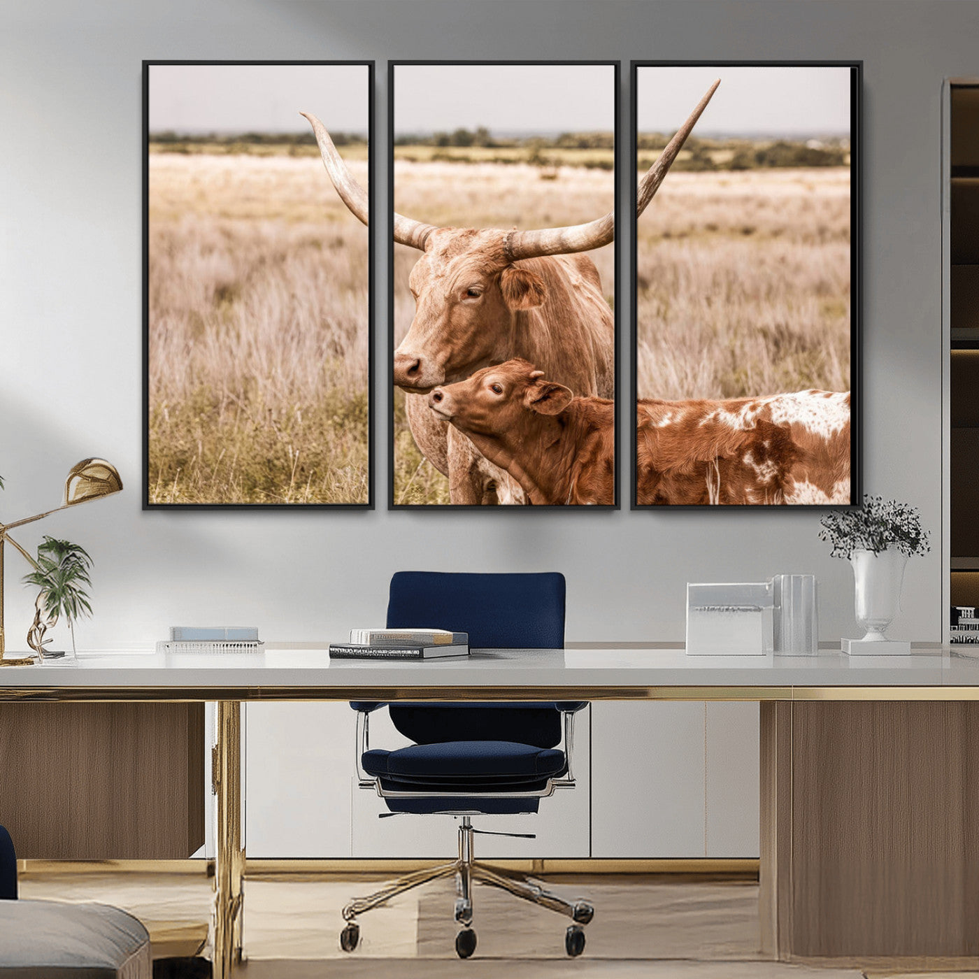 MGV-FC-48X32-3P - Texas Longhorn Cow Wall Art Canvas Print for Farmhouse Wall Art, Texas Decor, Western Wall Art Print