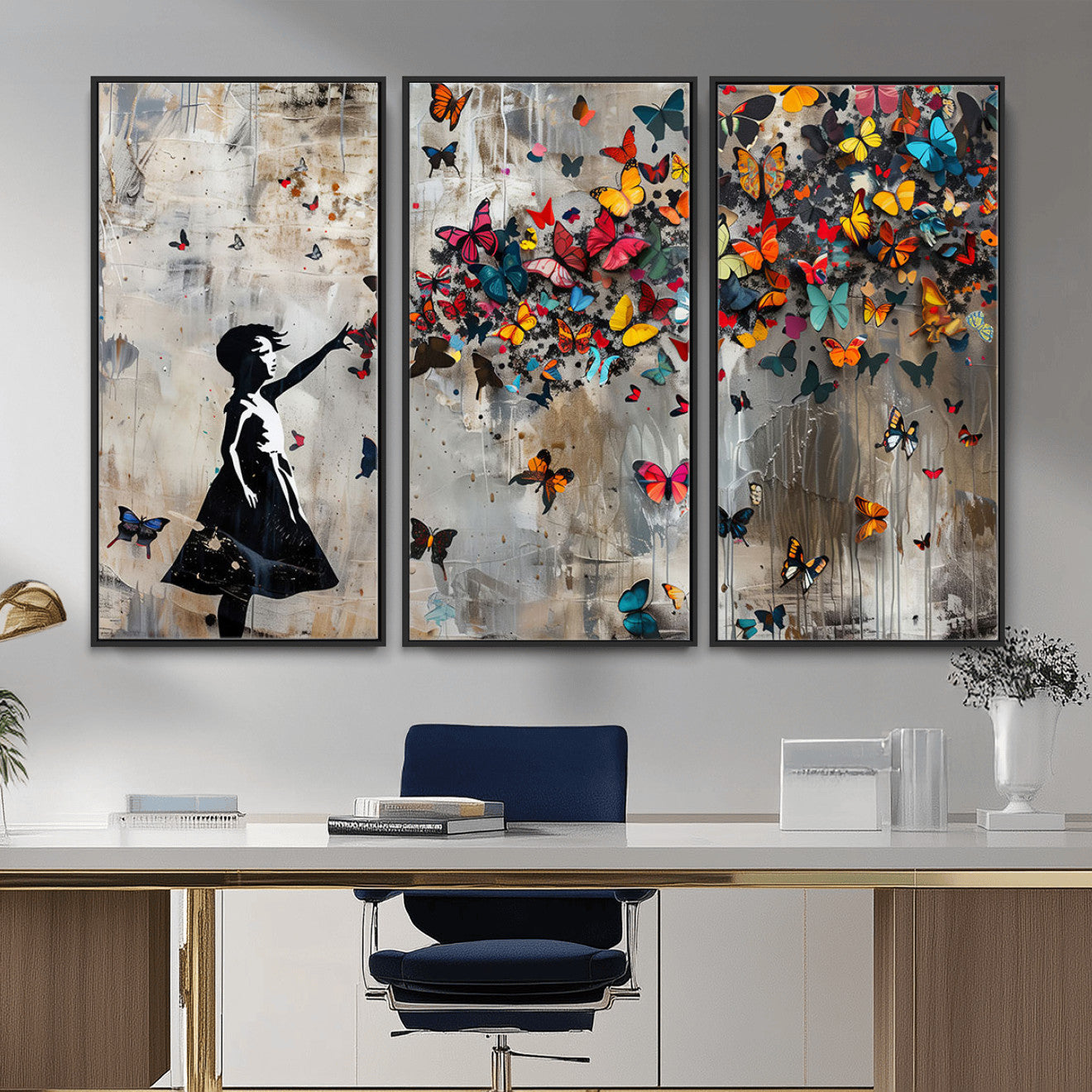 51446-MGV-CV-36X24 - Banksy Butterfly Girl Wall Art | 3-Piece Butterfly Girl Canvas