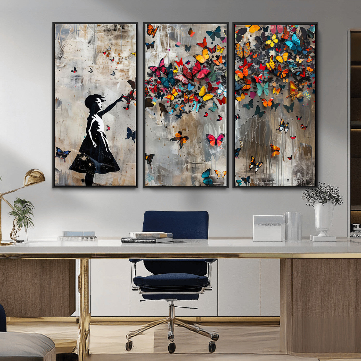 MGV-FC-48X32-3P - Framed Banksy Butterfly Girl Wall Art ,3-Piece Butterfly Girl Canvas, Modern Graffiti Canvas Print