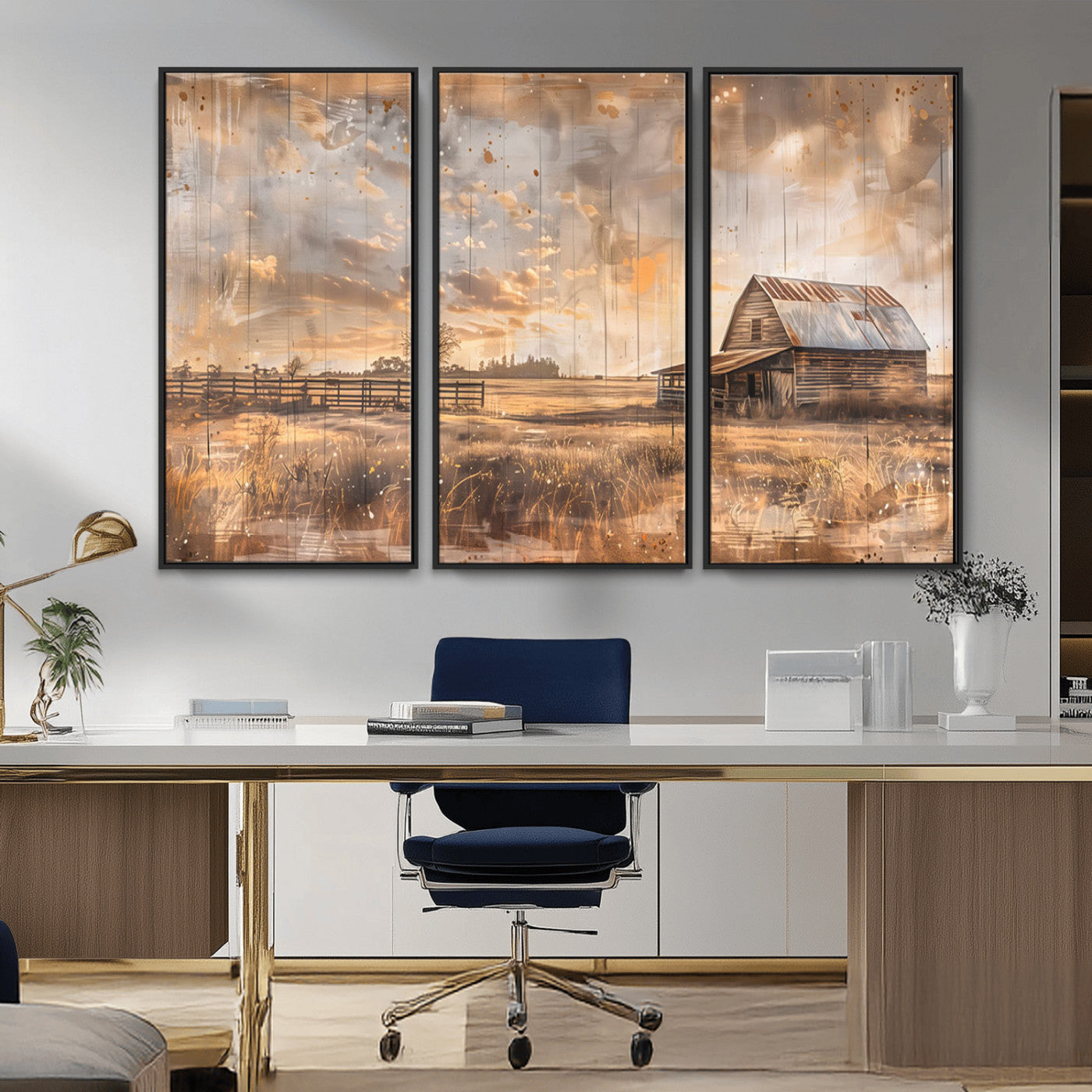 MGV-FC-48X32-3P - Rustic Farmhouse Wall Art Canvas Print | Barn and Field Canvas Print | Vintage Country Landscape