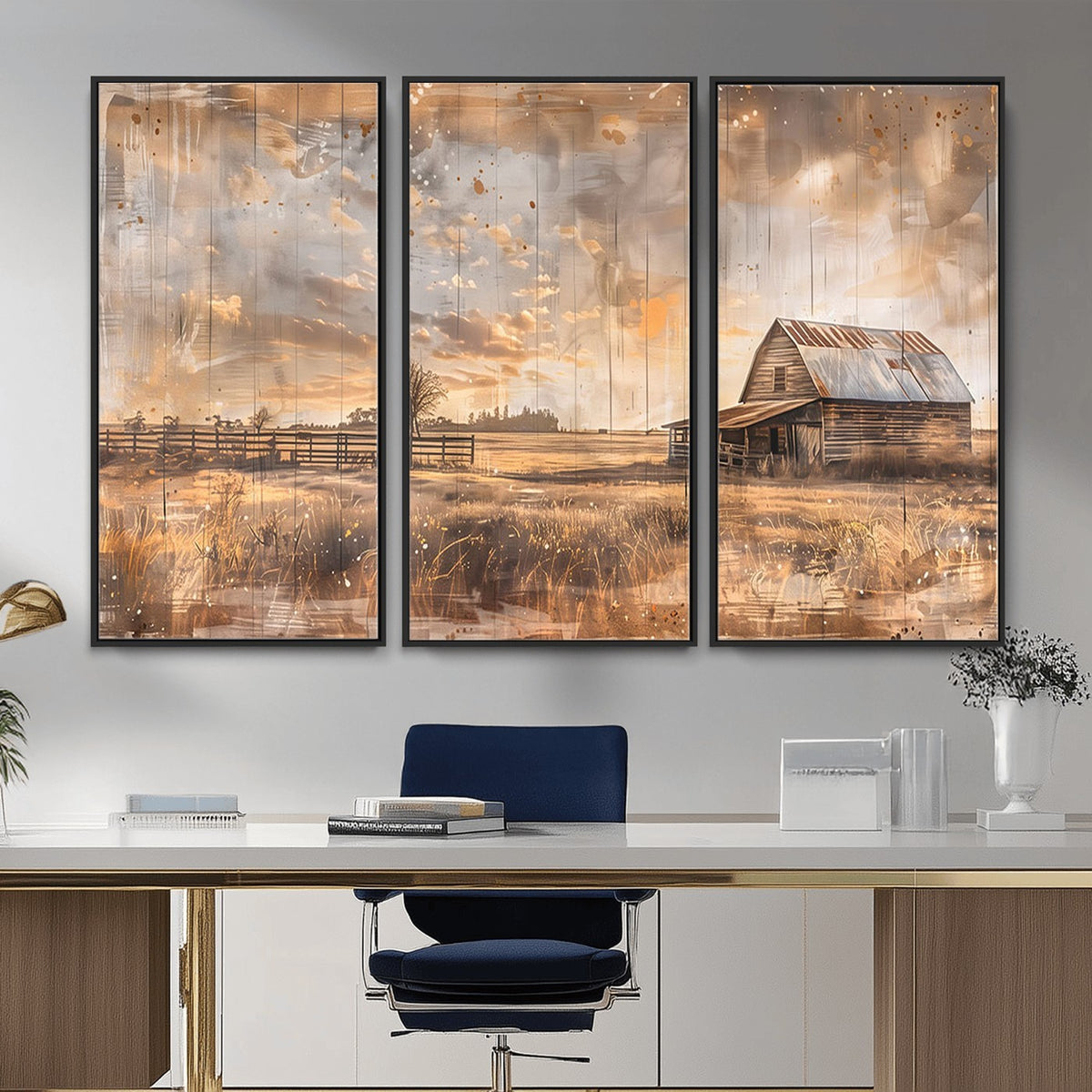 FARM2-MGV-CV-24X16 - Rustic Farmhouse Wall Art Canvas Print | Barn and Field Vintage Country Landscape