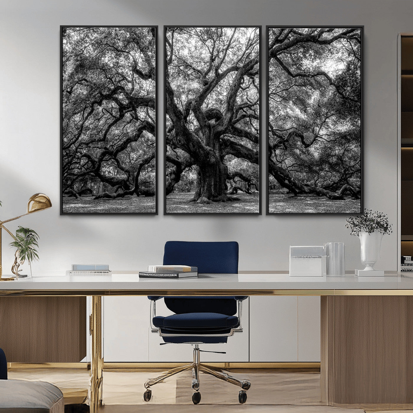 MGV-FC-48X32-3P - Black and White Old Angel Oak Tree Wall Art Canvas Print