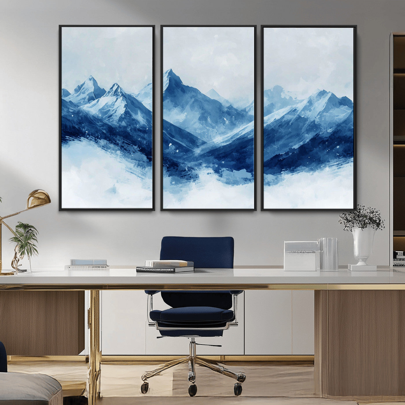 Peaceful watercolor-style painting of snowy blue mountains in soft tones, perfect for winter-themed or minimalist wall decor.