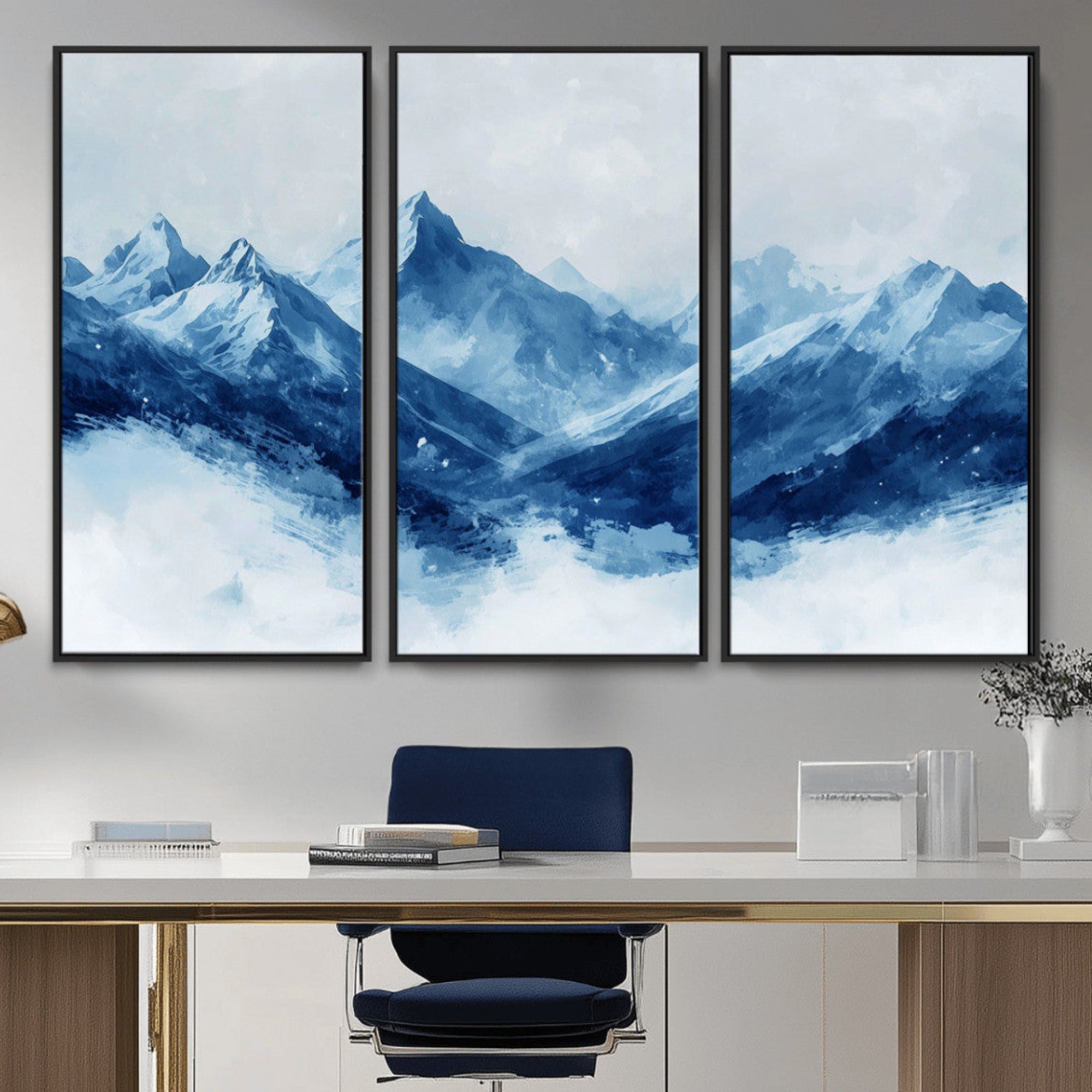 Peaceful watercolor-style painting of snowy blue mountains in soft tones, perfect for winter-themed or minimalist wall decor.