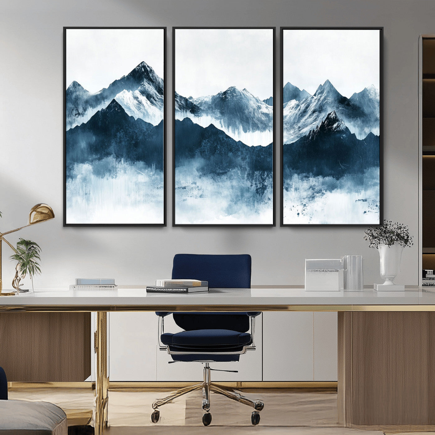 Abstract blue-toned canvas of snowy mountains in misty tones, ideal for minimalist or moody alpine-inspired home decor.