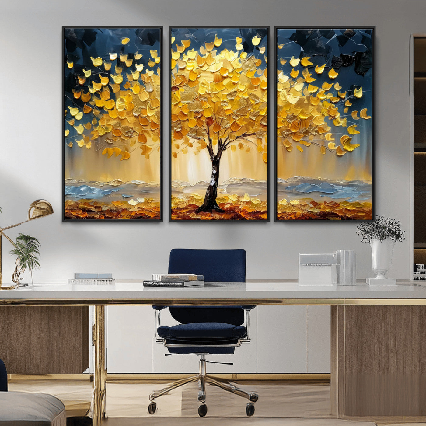 Canvas of a golden autumn tree with textured brushstrokes and moody blue skies, perfect for dramatic and vibrant home decor.