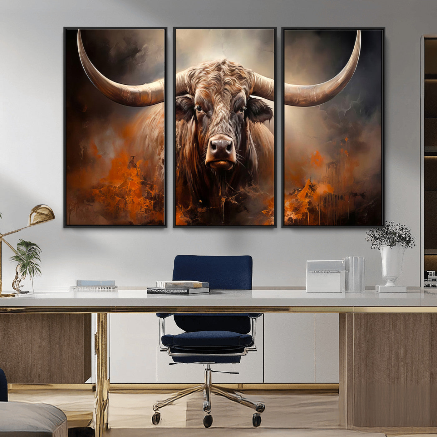 MGV-FC-48X32-3P - Highland Bull Canvas Abstract Canvas Wall Art Print – Powerful Highland Bull with Striking Horns in