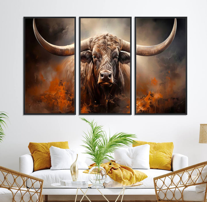 A Highland Bull with striking horns is depicted in a fiery abstract style on a ready-to-hang wall art canvas, evoking strength.