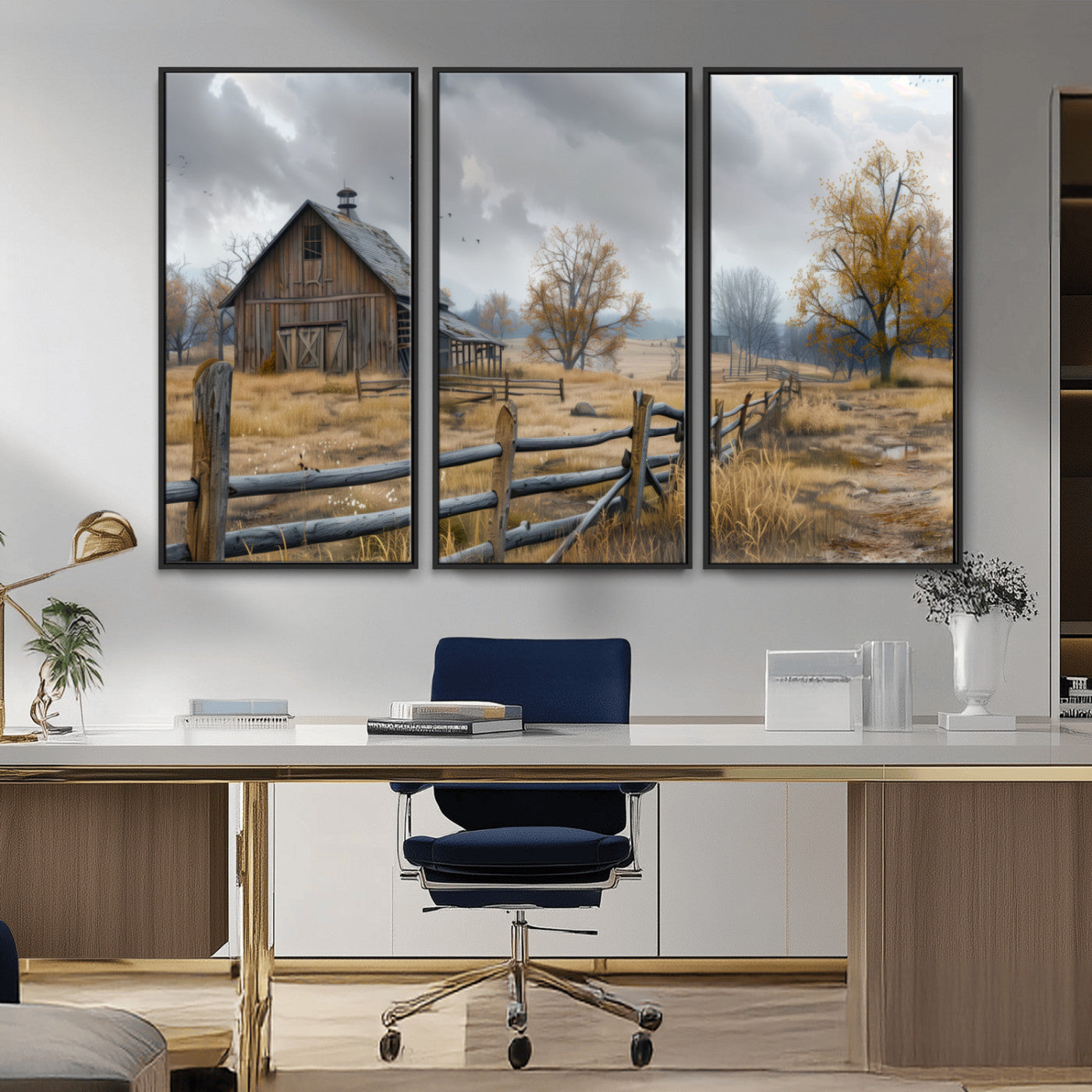 MGV-FC-48X32-3P - Rustic Autumn Farmhouse Wall Art Canvas Print – Serene Countryside Scene with Weathered Barn and