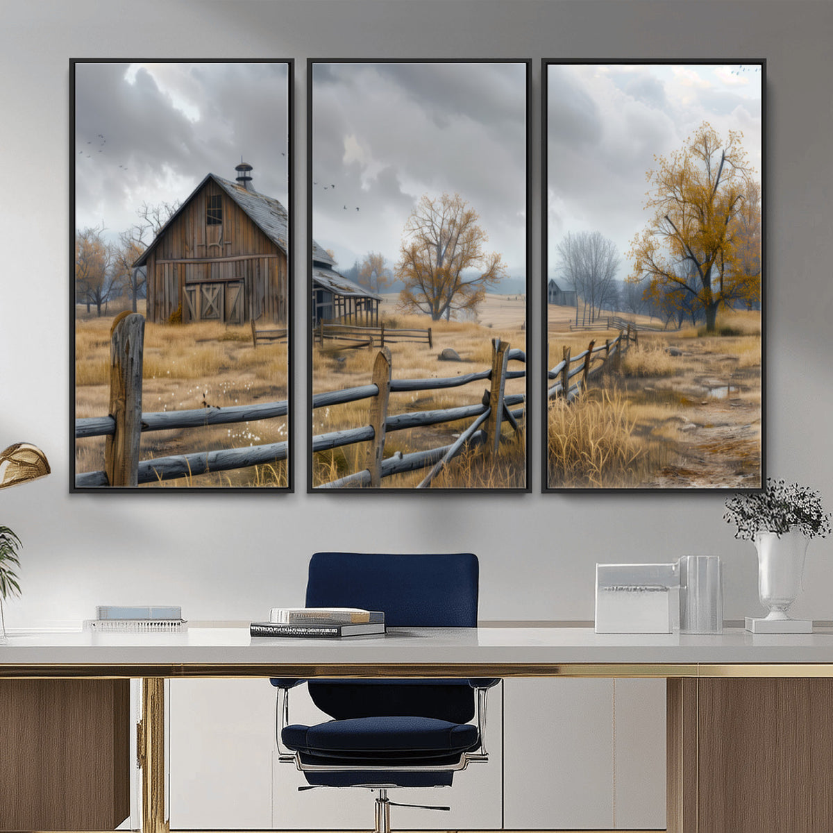 Farm1-MGV-CV-36X24 - Rustic Autumn Farmhouse Wall Art Canvas Print | Serene Countryside with Weathered Barn