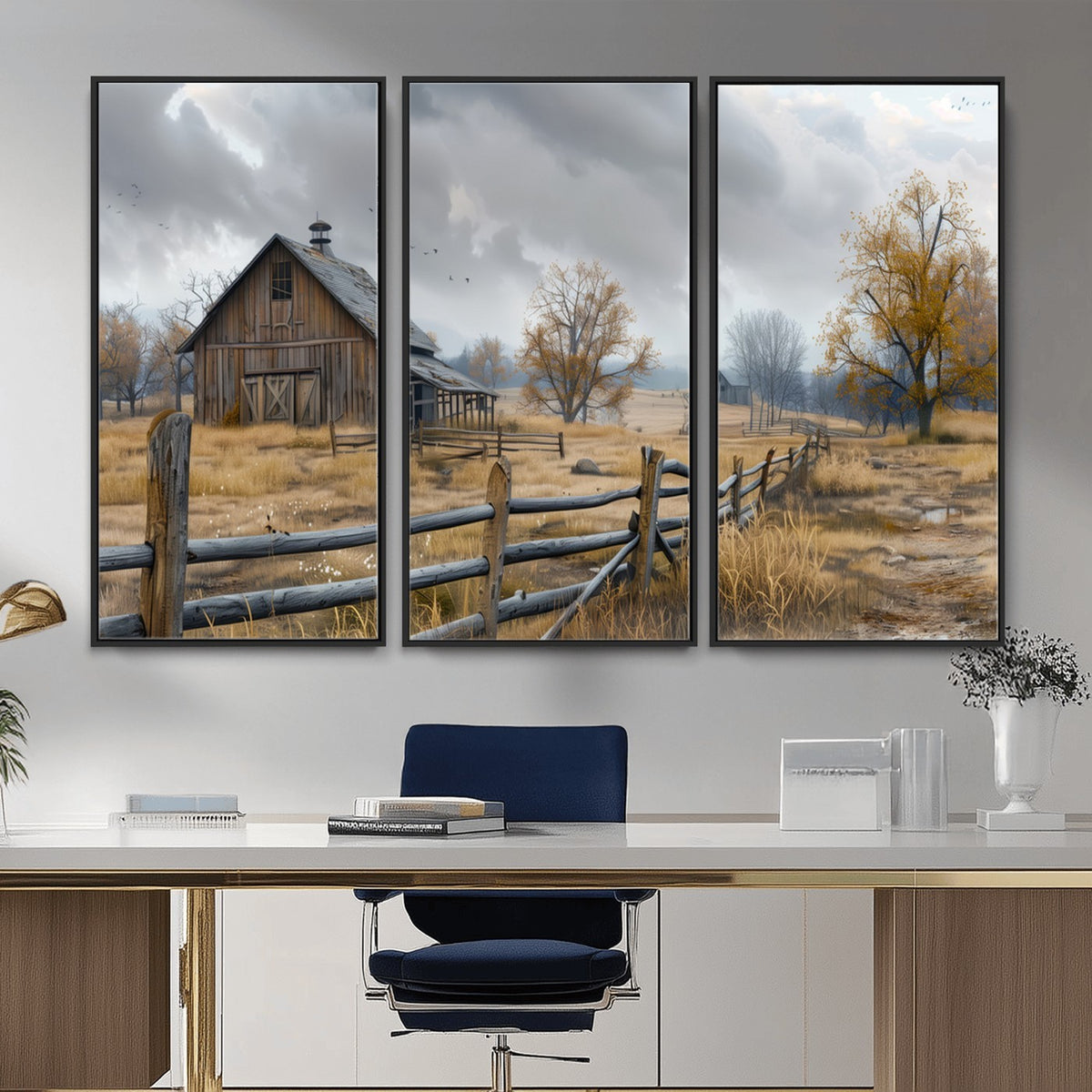 Farm1-MGV-CV-24X16 - Rustic Autumn Farmhouse Wall Art Canvas Print | Serene Countryside with Weathered Barn