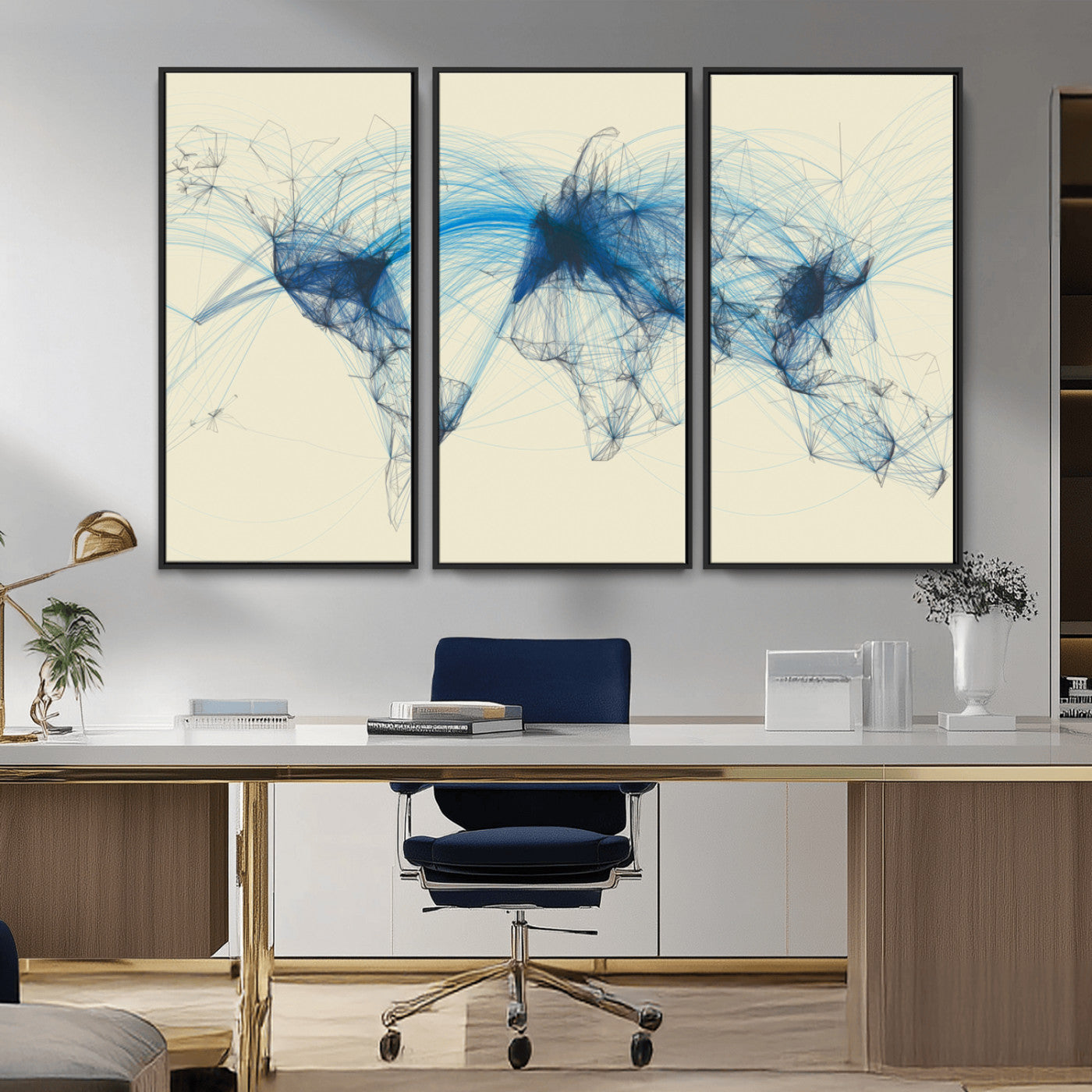 MGV-FC-48X32-3P - Flight Routes Map art Air Traffic Avi World Map with Blue Connections Canvas Wall Art – Modern