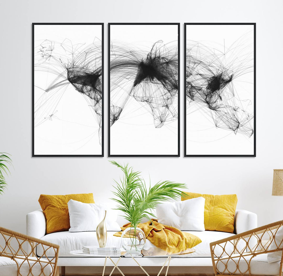 The Flight Routes Air Traffic canvas wall art, framed and ready to hang, is perfect for aviation enthusiasts.