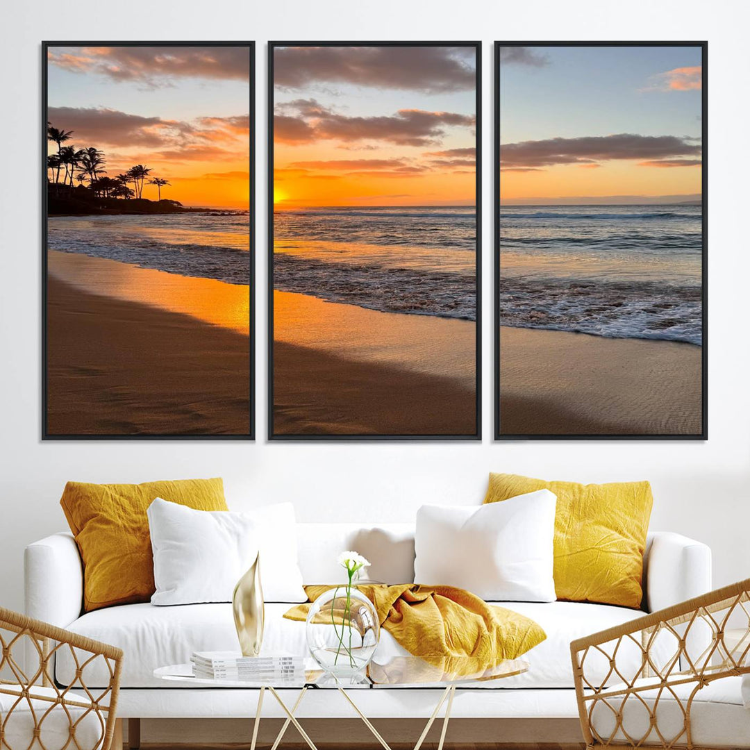 Sunset Wall Art Print featuring a beach sunset with waves and palms, perfect for coastal decor.