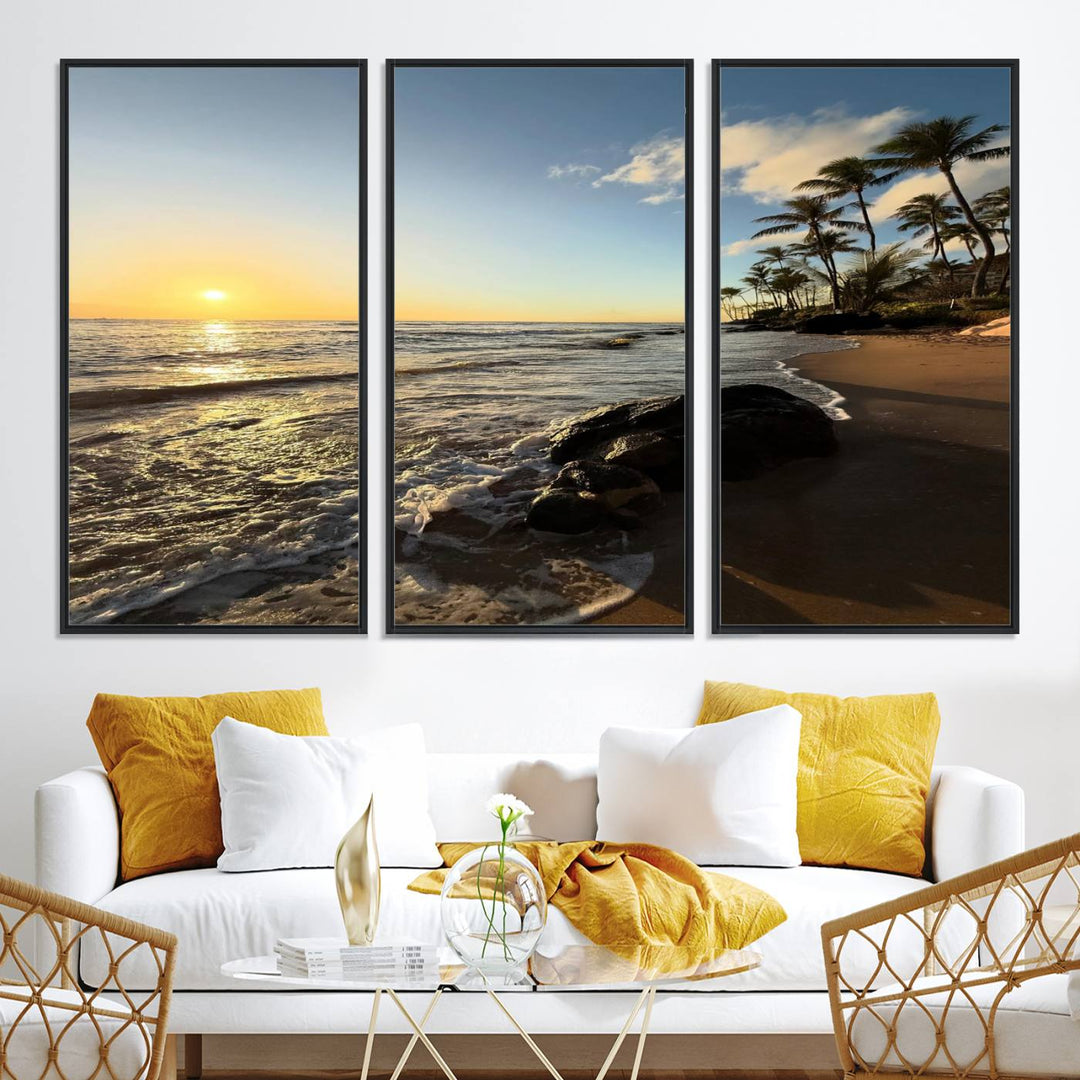 A serene tropical sunset on canvas, featuring palms and waves, serves as perfect Tropical Beach Wall Art for home or office decor.