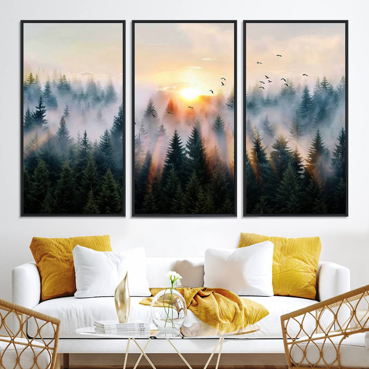 Sunrise over a misty forest with rays filtering through trees in the Abstract Forest Wall Art featuring soaring birds.